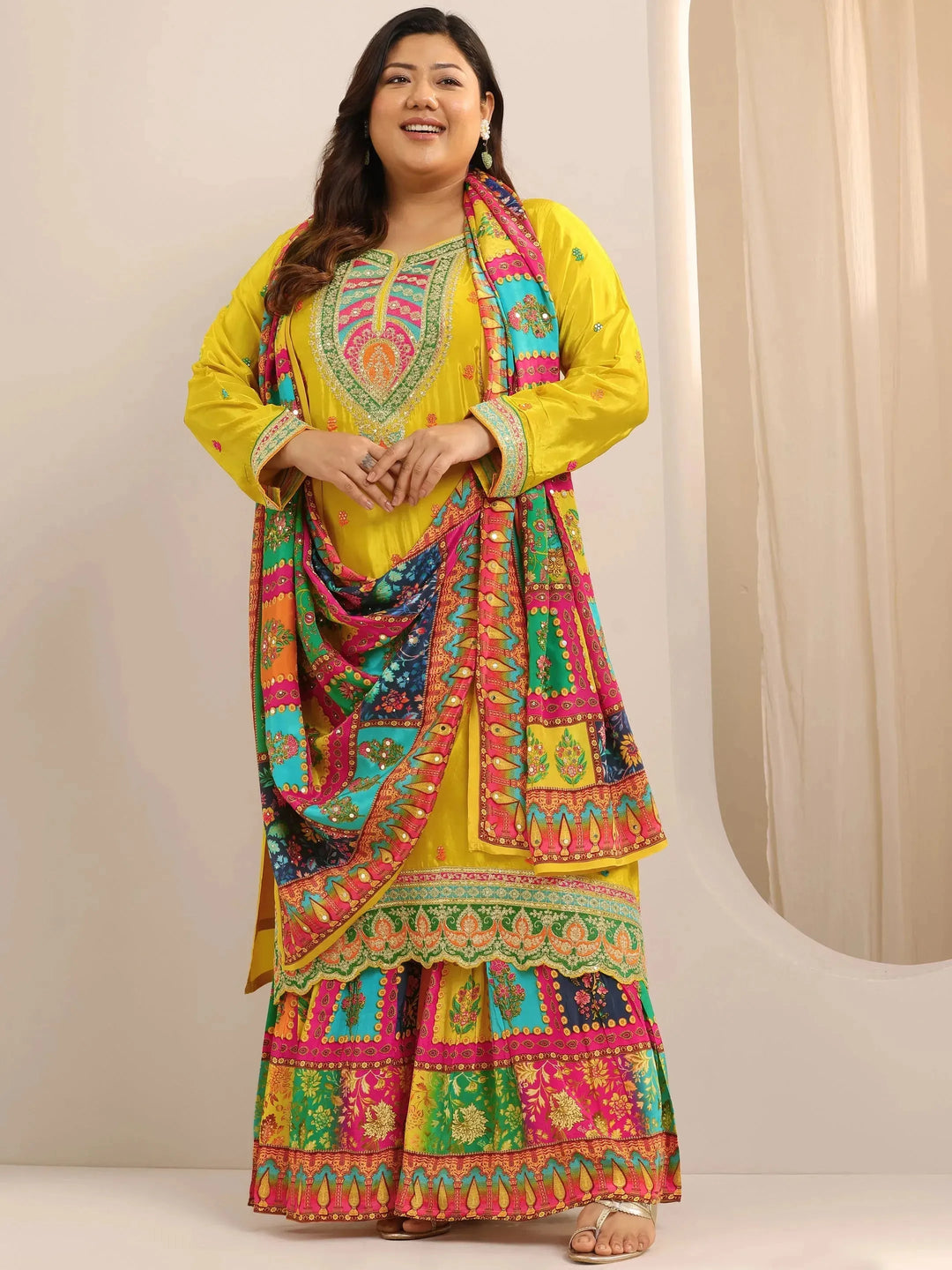  Plus Size Mustard Embroidered Silk Blend Straight Sharara Suit Set With Dupatta 
