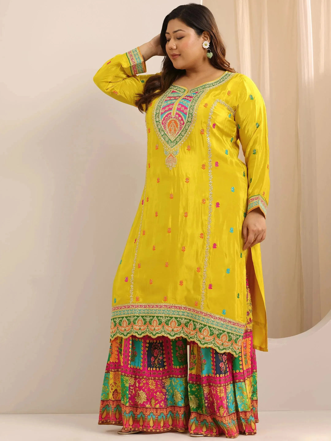  Plus Size Mustard Embroidered Silk Blend Straight Sharara Suit Set With Dupatta 