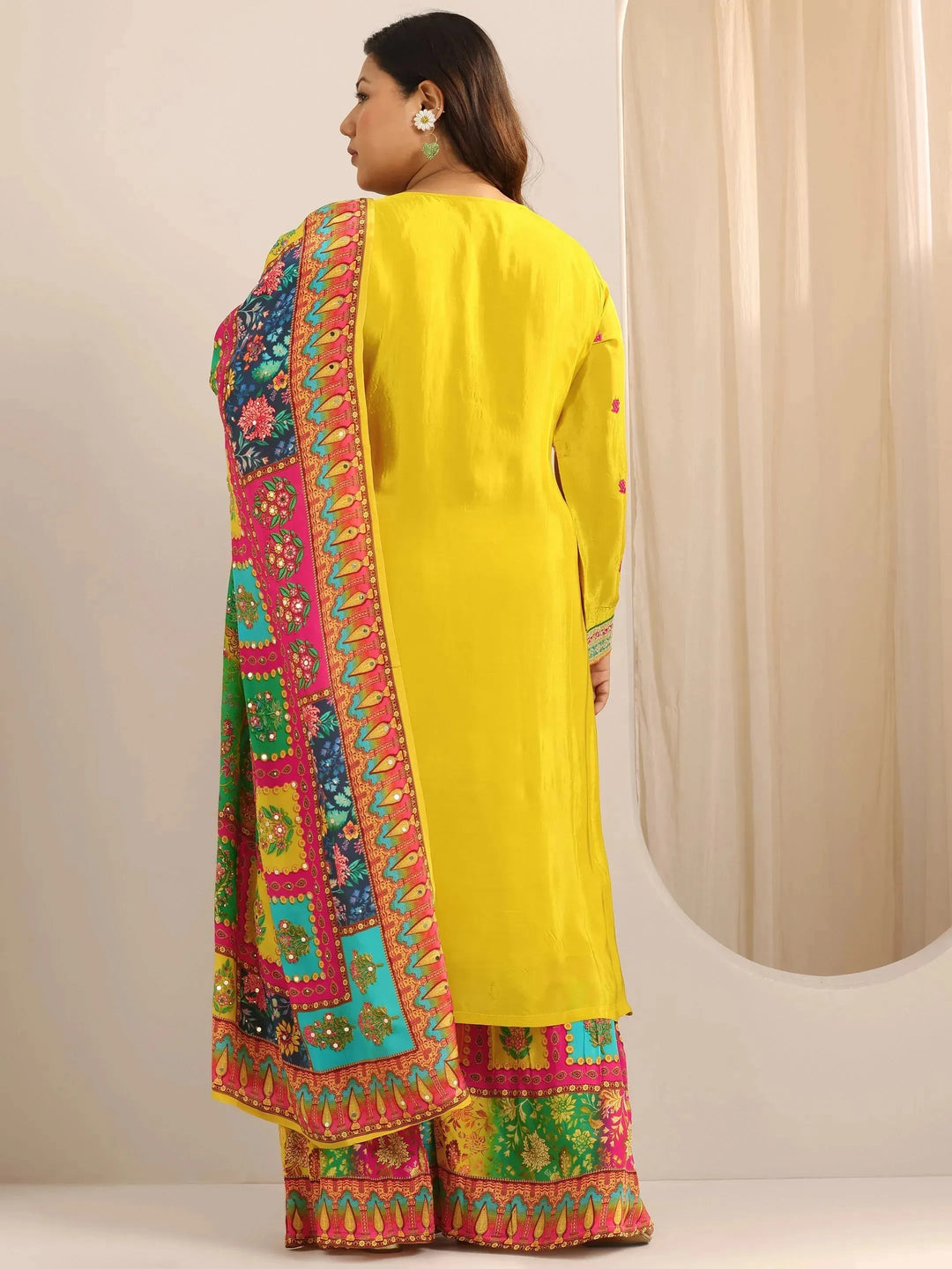  Plus Size Mustard Embroidered Silk Blend Straight Sharara Suit Set With Dupatta 