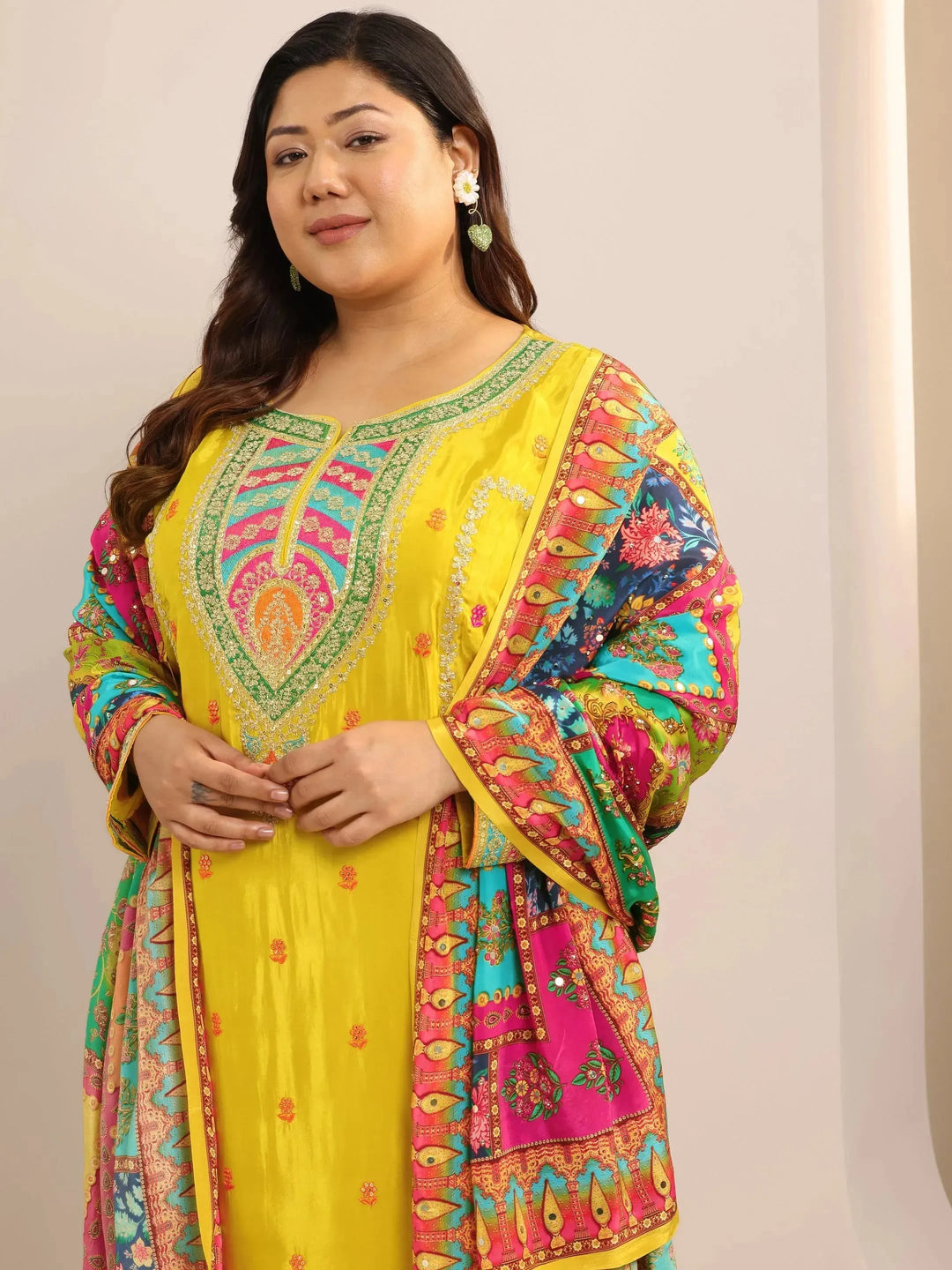  Plus Size Mustard Embroidered Silk Blend Straight Sharara Suit Set With Dupatta 