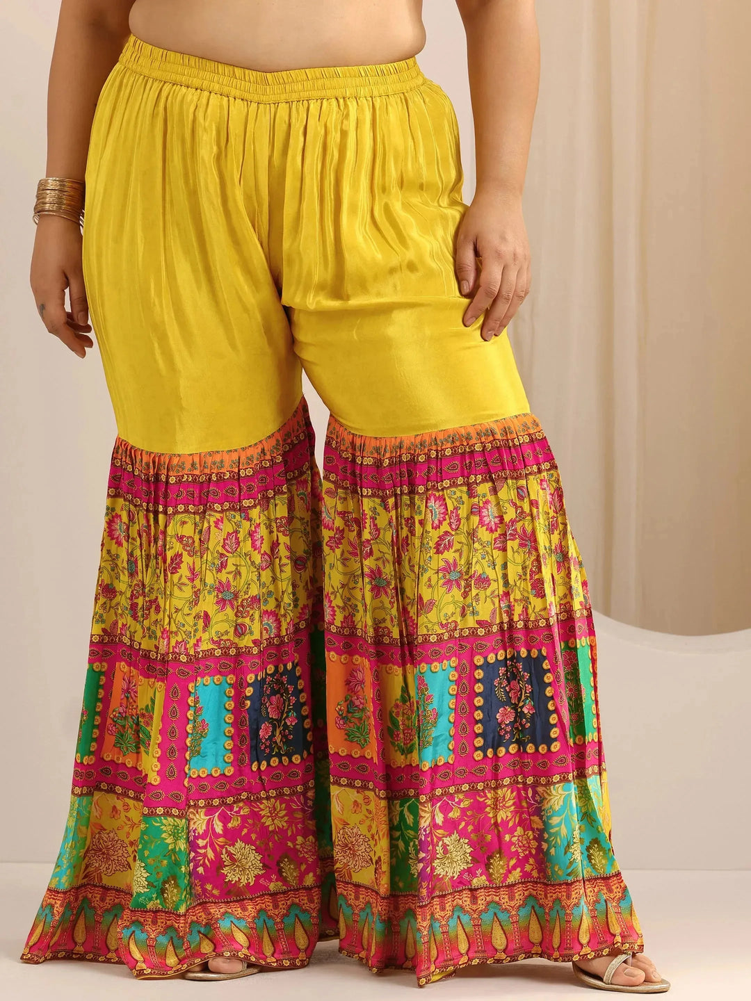  Plus Size Mustard Embroidered Silk Blend Straight Sharara Suit Set With Dupatta 