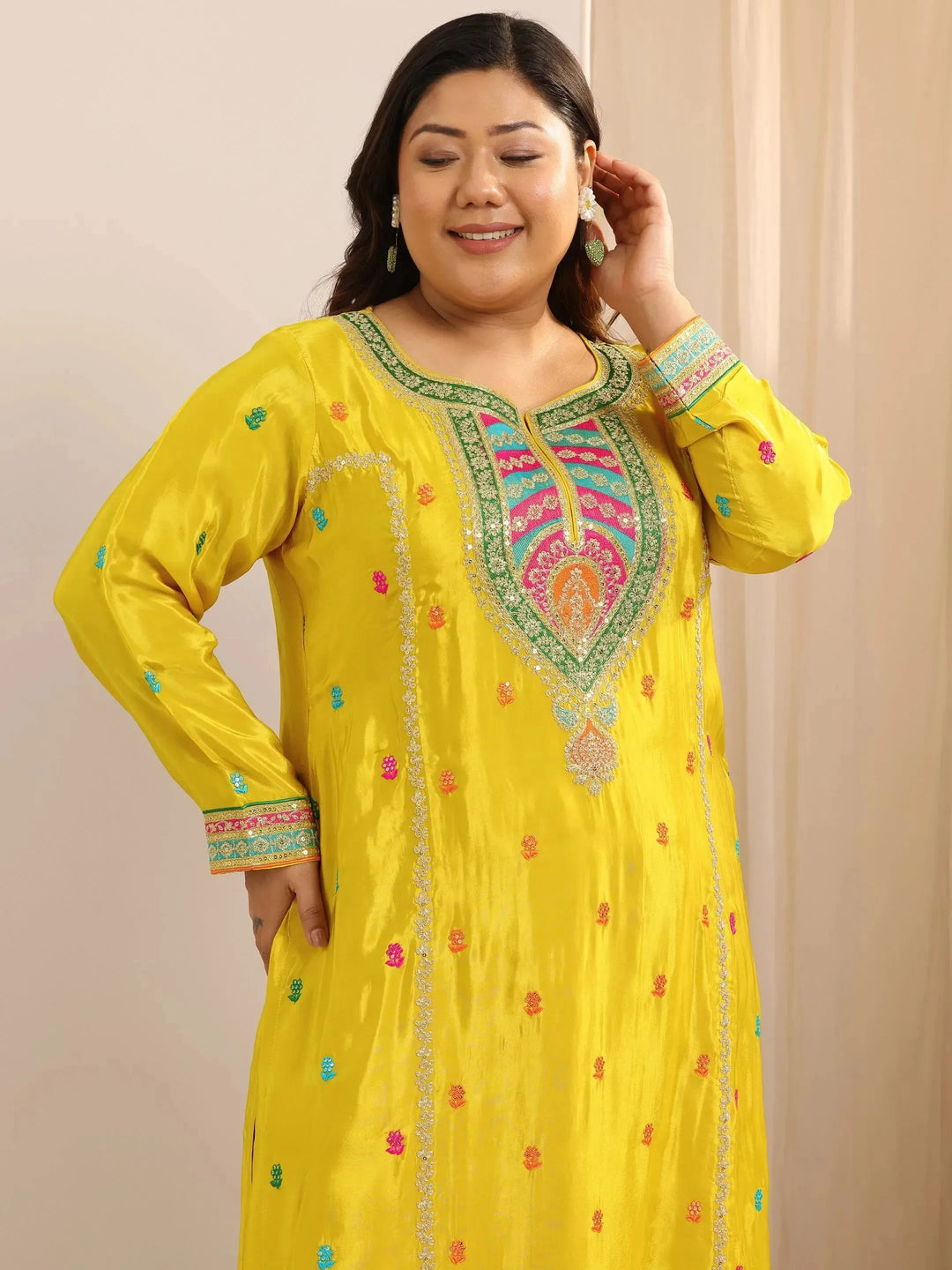 Plus Size Mustard Embroidered Silk Blend Straight Sharara Suit Set With Dupatta 