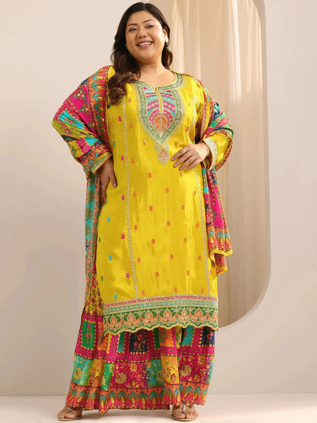  Plus Size Mustard Embroidered Silk Blend Straight Sharara Suit Set With Dupatta 