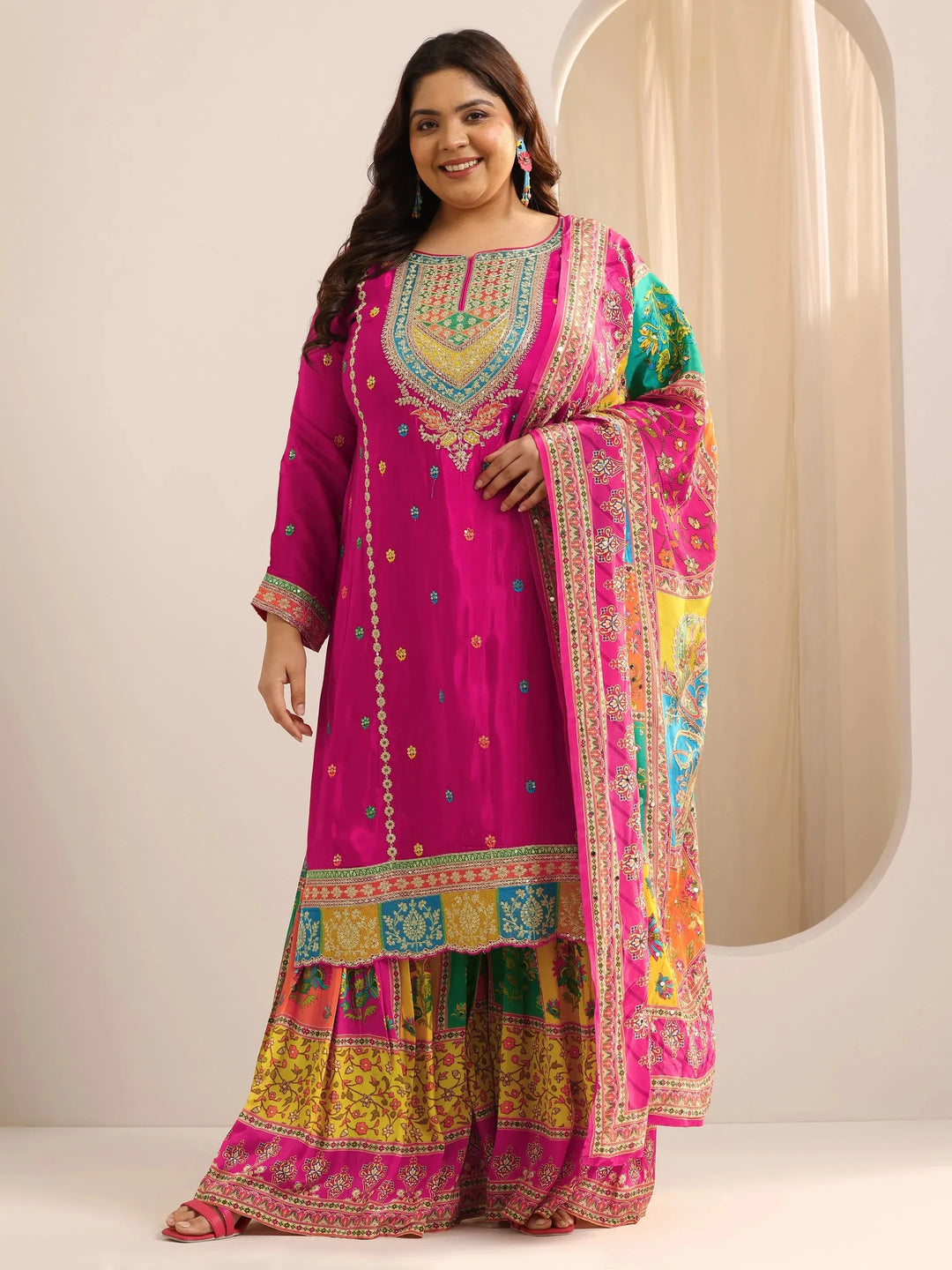  Plus Size Pink Embroidered Silk Blend Straight Sharara Suit Set With Dupatta 
