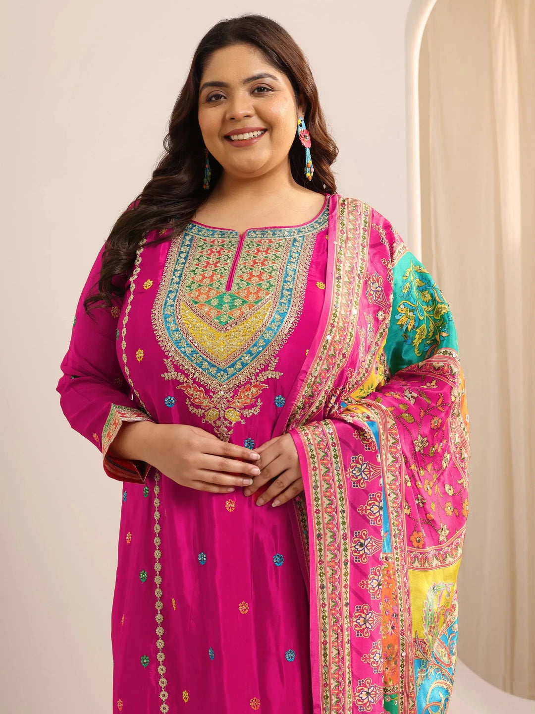  Plus Size Pink Embroidered Silk Blend Straight Sharara Suit Set With Dupatta 