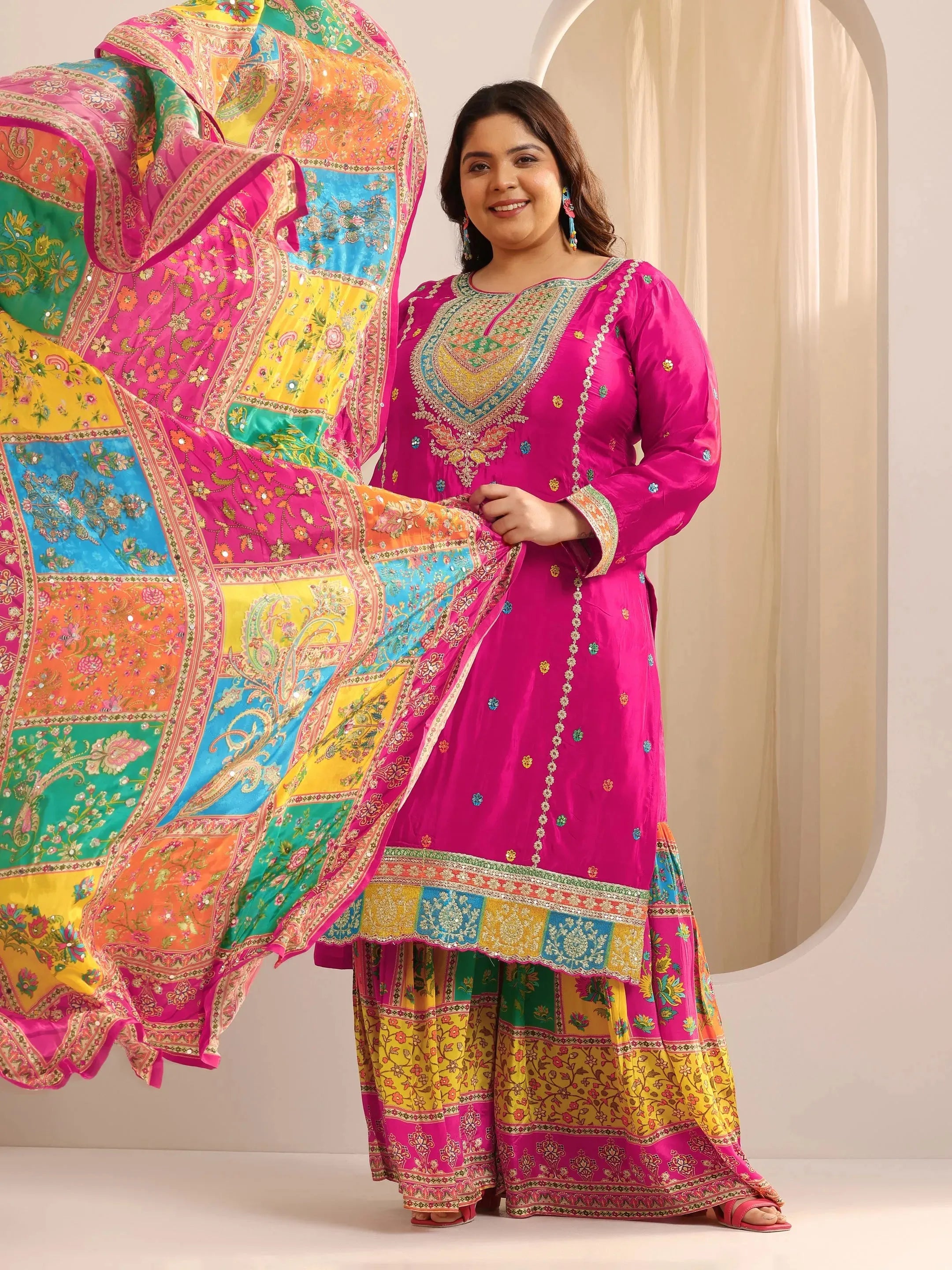 libas Plus Size Pink Embroidered Silk Blend Straight Sharara Suit Set With Dupatta-picture-55