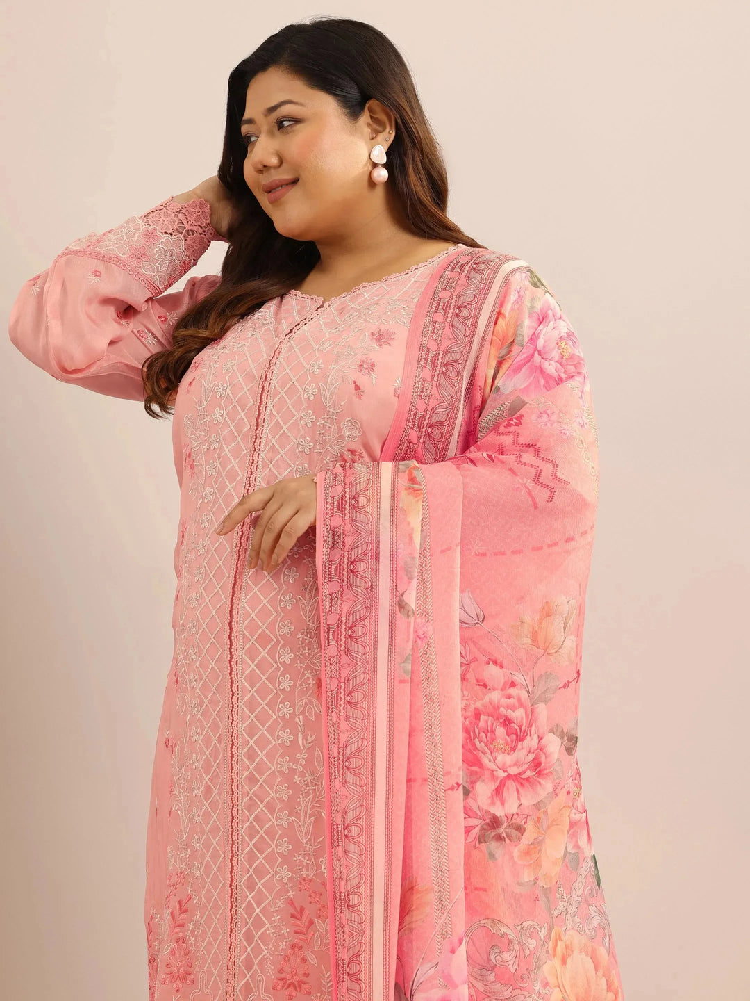  Plus Size Peach Embroidered Organza Straight Suit Set With Dupatta 