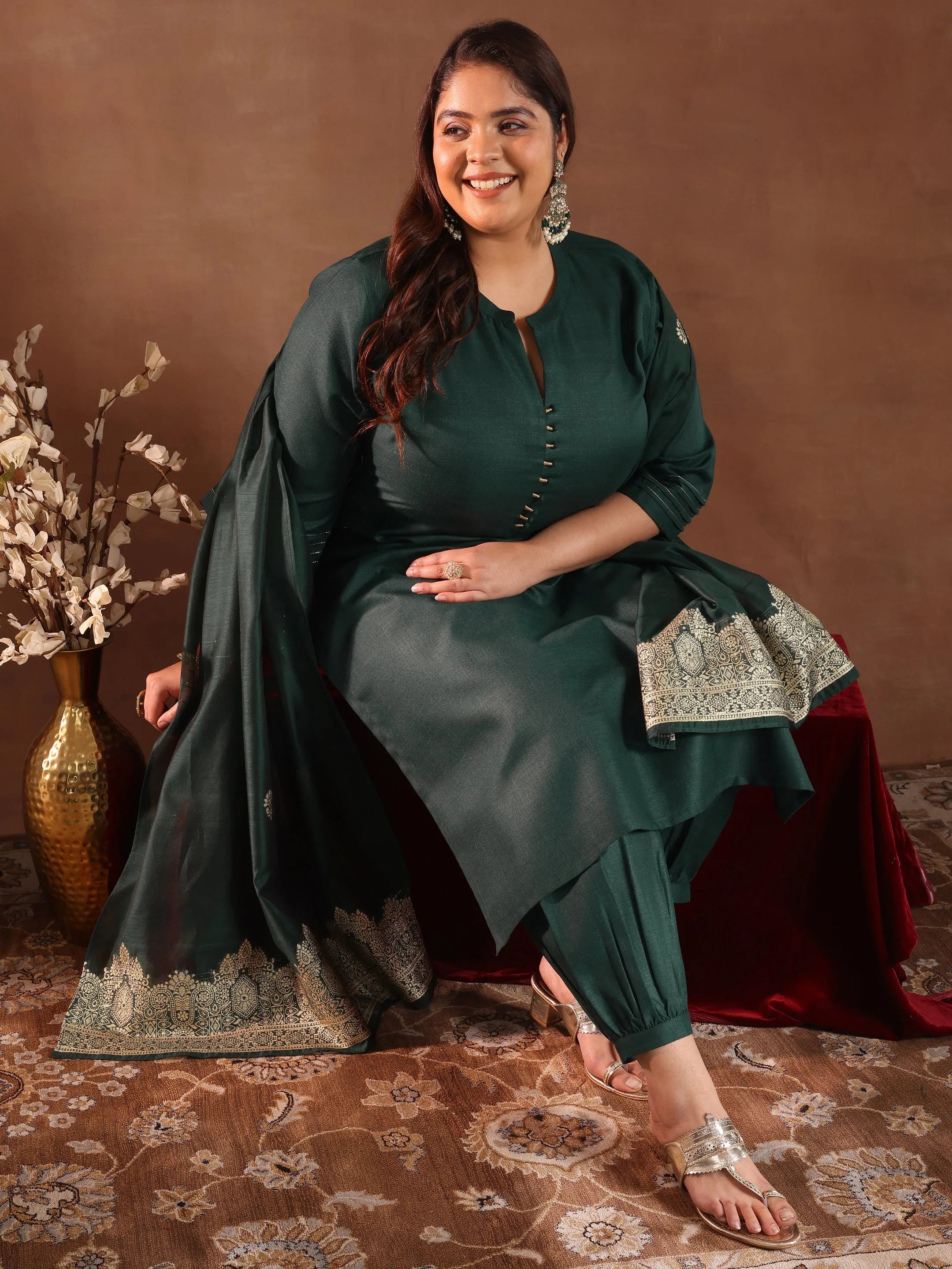libas Plus Size Green Solid Cotton Blend Straight Suit Set With Dupatta-picture-12