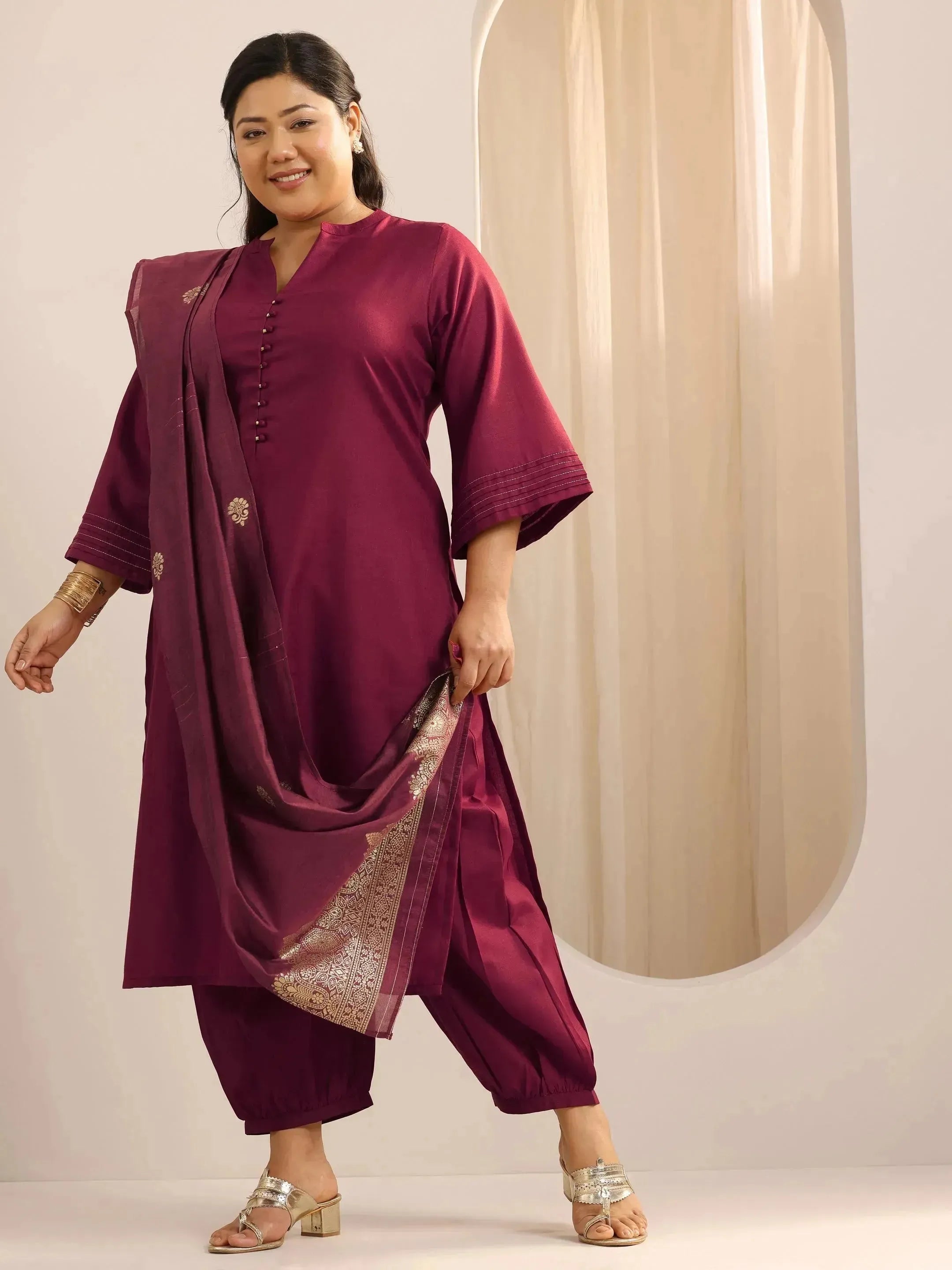 libas Plus Size Maroon Solid Cotton Blend Straight Suit Set With Dupatta-picture-49
