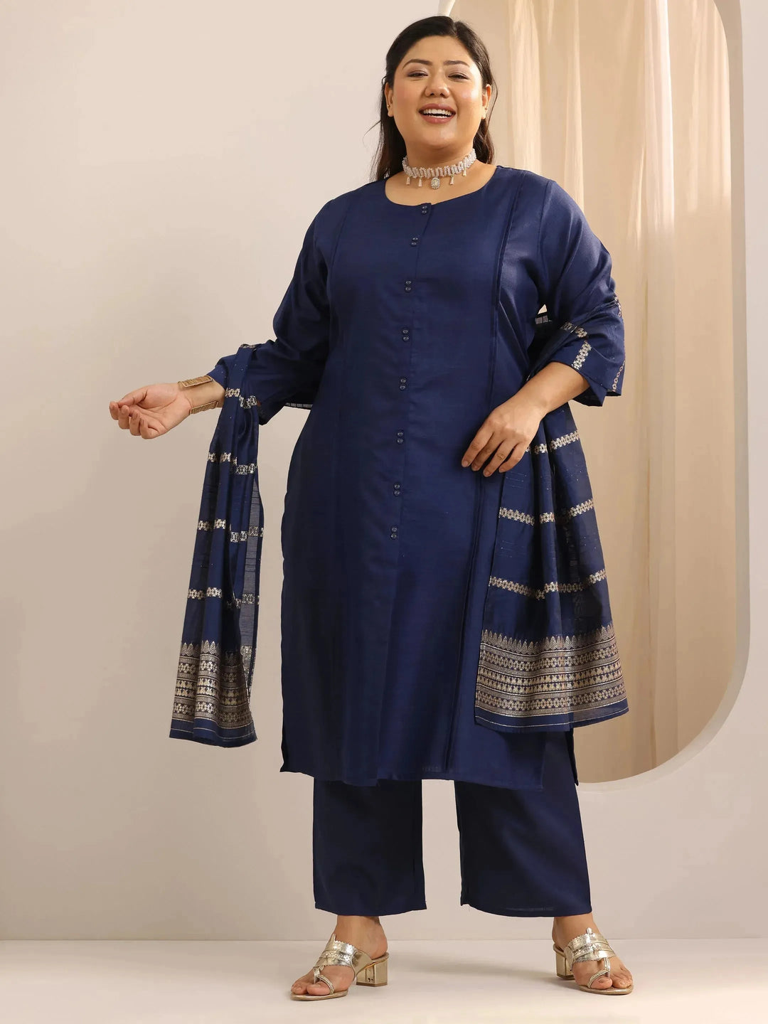 Plus Size Navy Blue Solid Cotton Blend Straight Suit Set With Dupatta