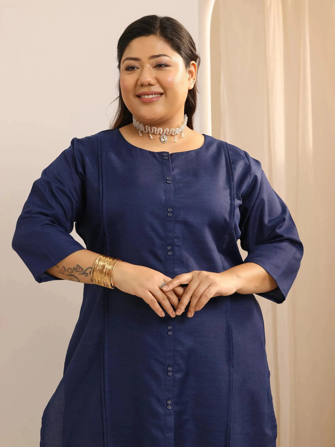  Plus Size Navy Blue Solid Cotton Blend Straight Suit Set With Dupatta 