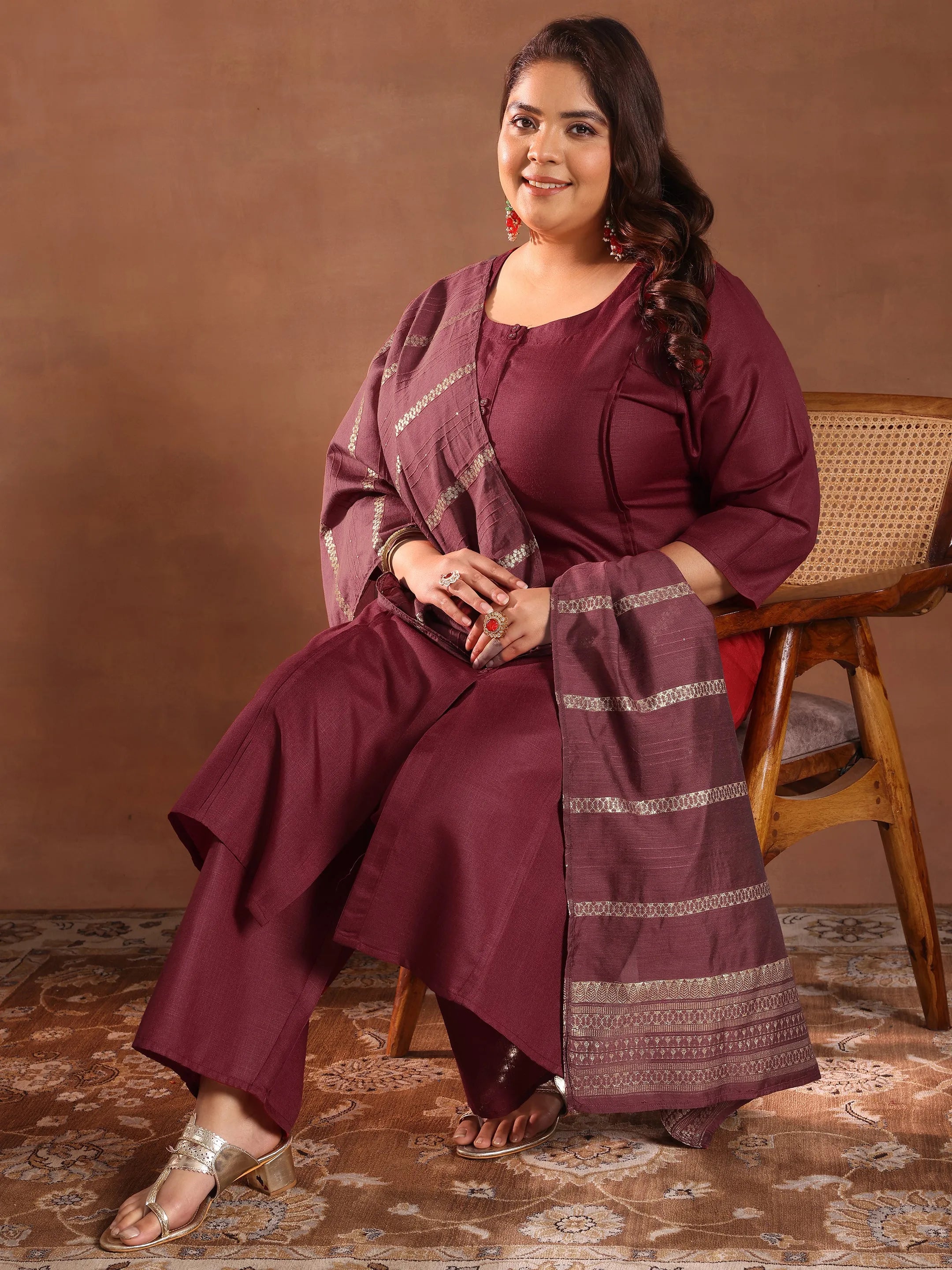 libas Plus Size Maroon Solid Cotton Blend Straight Suit Set With Dupatta-picture-54