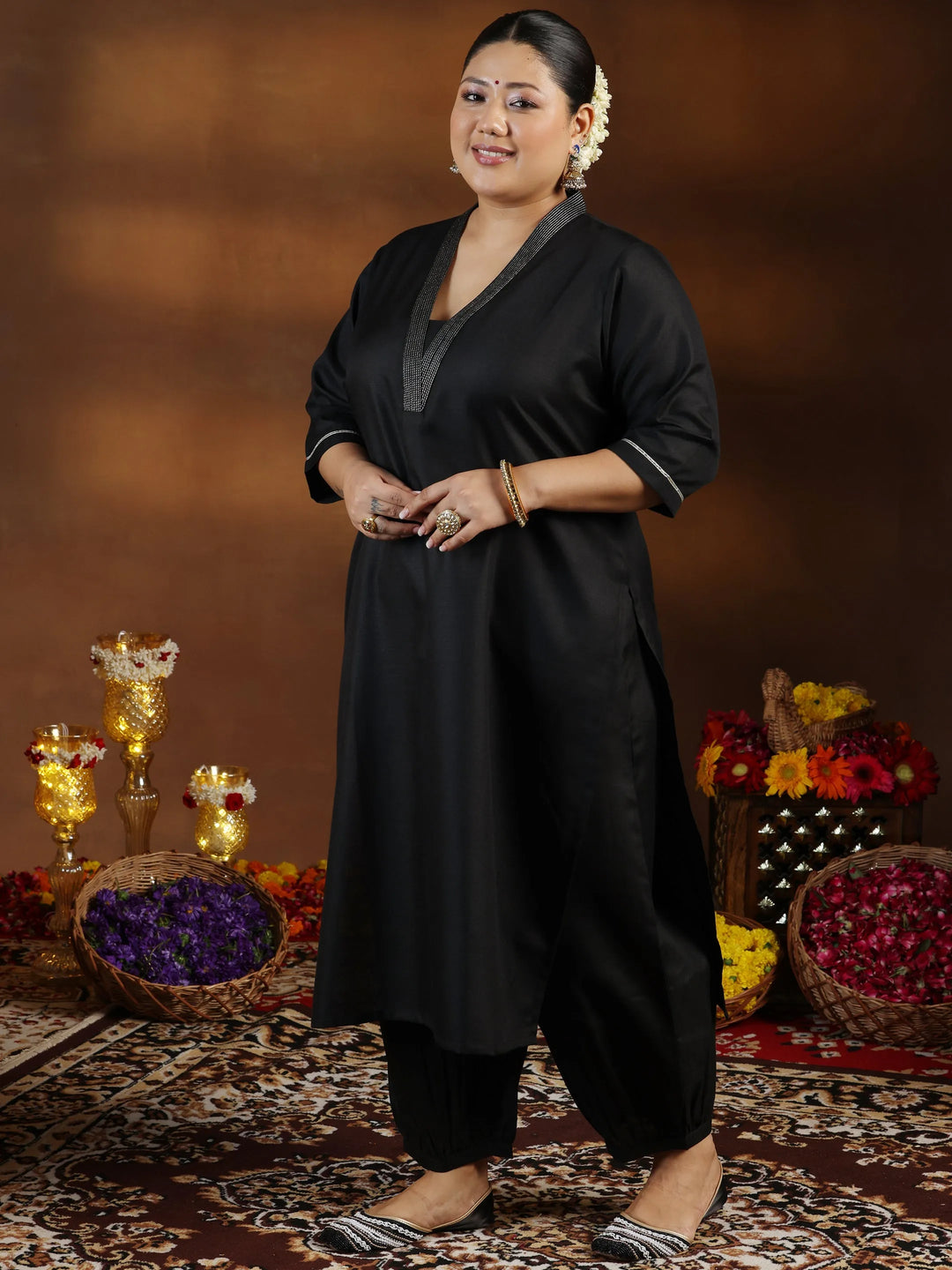  Plus Size Black Solid Cotton Blend Straight Suit With Dupatta 