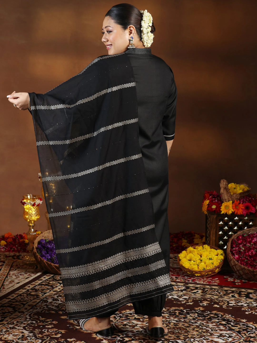  Plus Size Black Solid Cotton Blend Straight Suit With Dupatta 