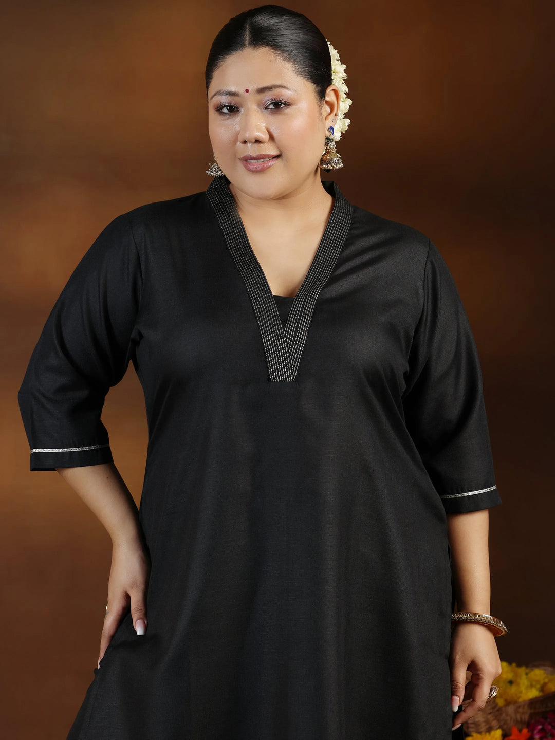  Plus Size Black Solid Cotton Blend Straight Suit With Dupatta 