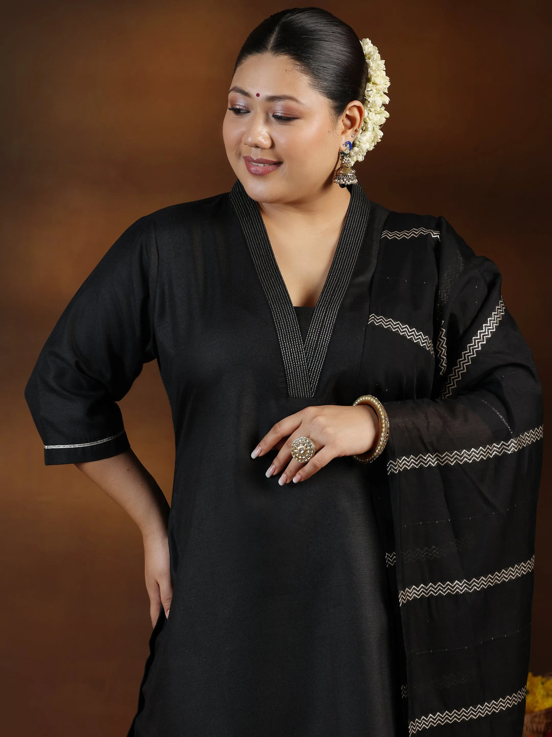  Plus Size Black Solid Cotton Blend Straight Suit With Dupatta 
