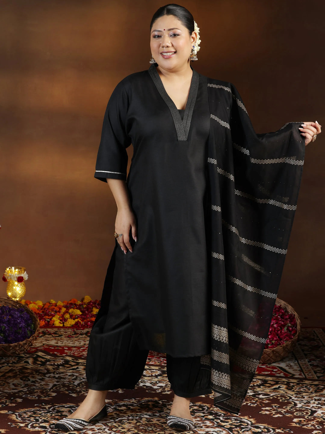 Plus Size Black Solid Cotton Blend Straight Suit With Dupatta 