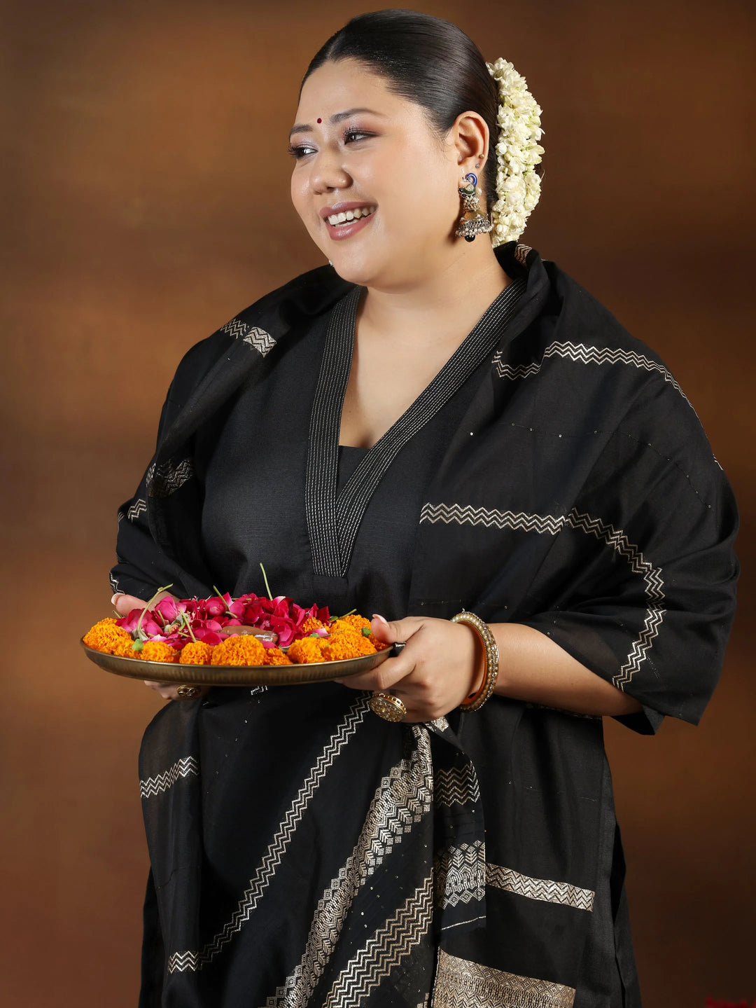  Plus Size Black Solid Cotton Blend Straight Suit With Dupatta 
