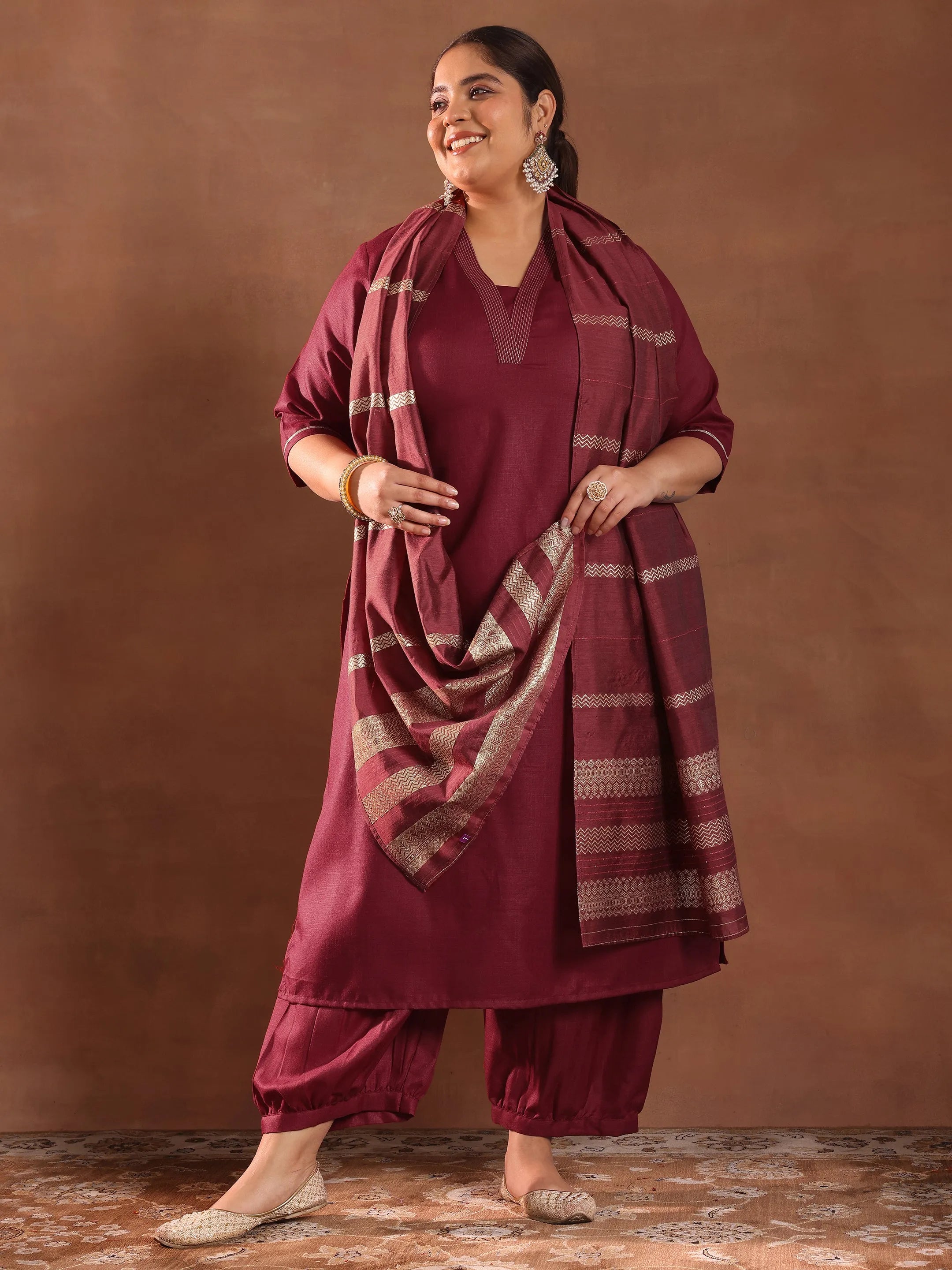 libas Plus Size Maroon Solid Cotton Blend Straight Suit With Dupatta-picture-10