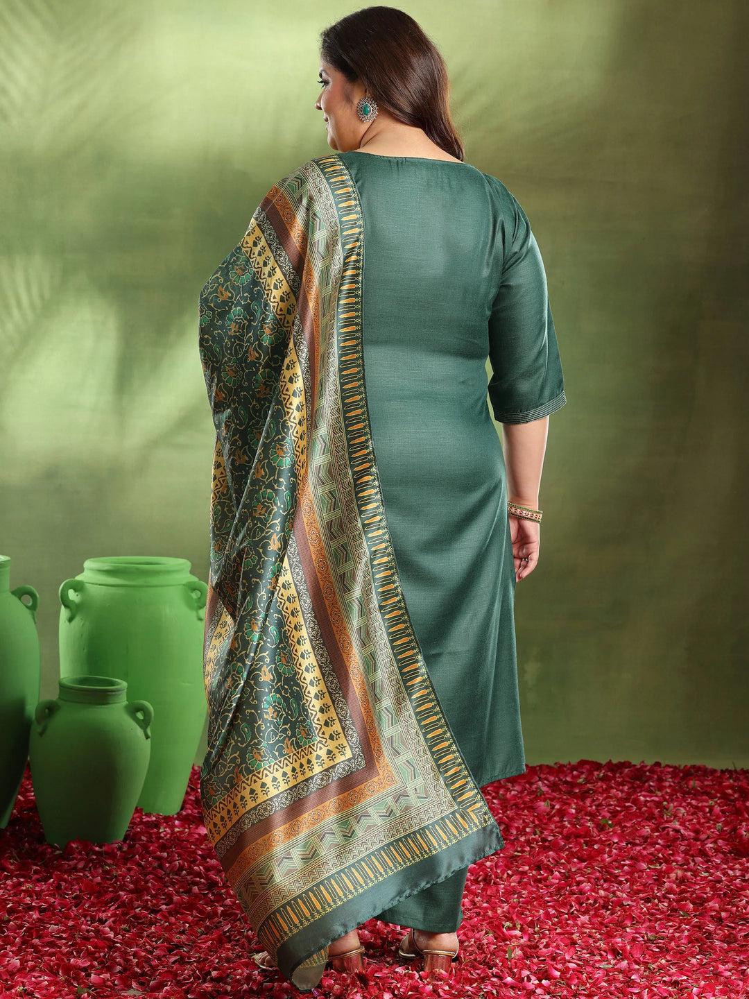  Plus Size Green Solid Cotton Blend Straight Suit With Dupatta 