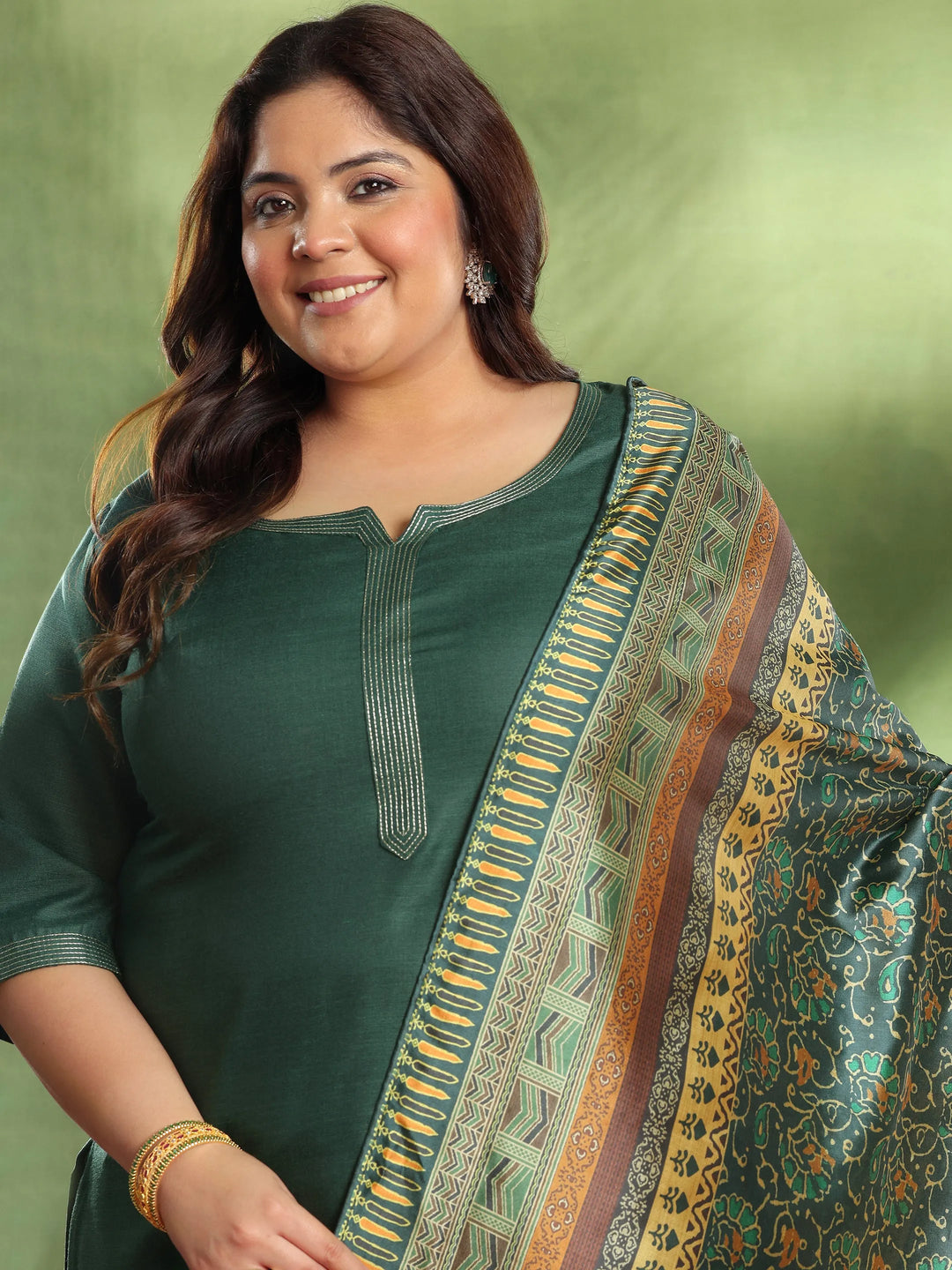  Plus Size Green Solid Cotton Blend Straight Suit With Dupatta 