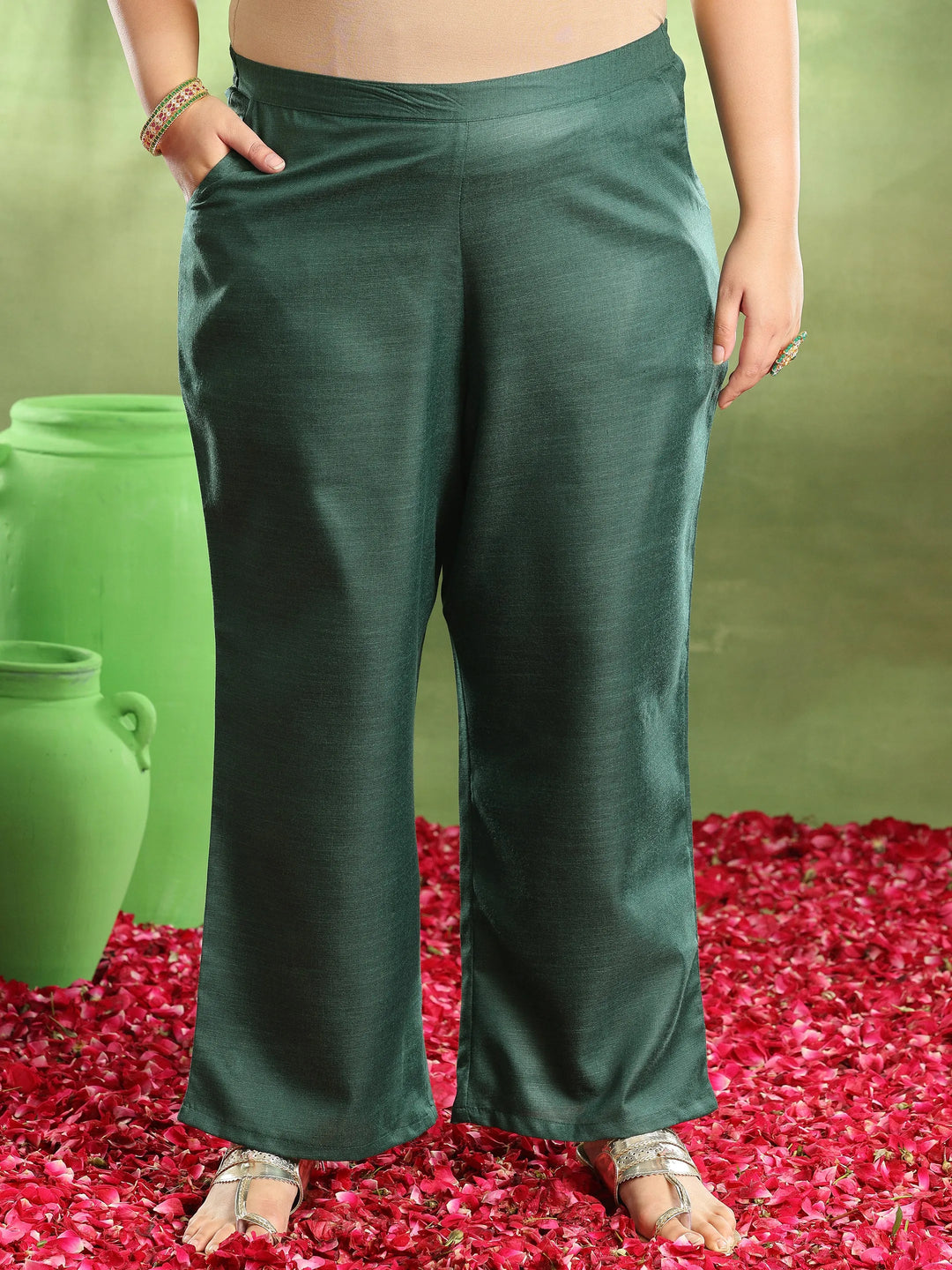  Plus Size Green Solid Cotton Blend Straight Suit With Dupatta 