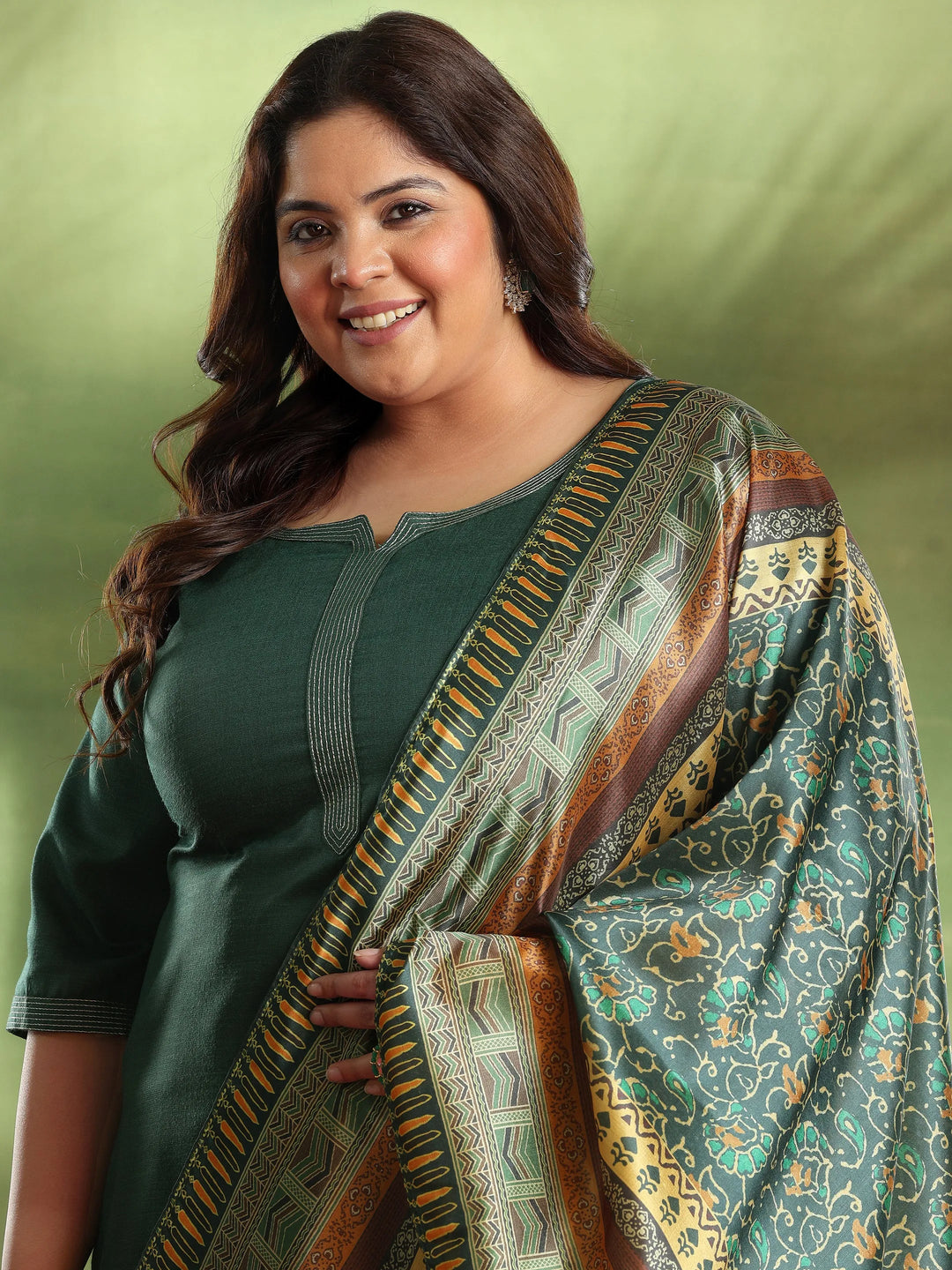  Plus Size Green Solid Cotton Blend Straight Suit With Dupatta 