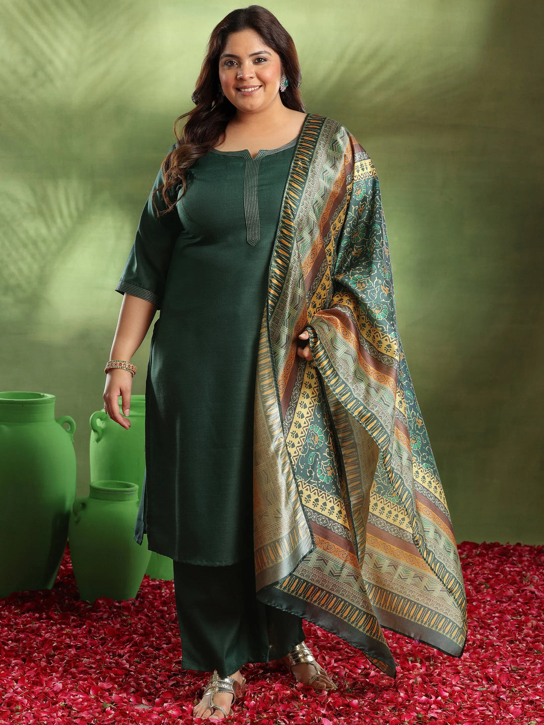  Plus Size Green Solid Cotton Blend Straight Suit With Dupatta 