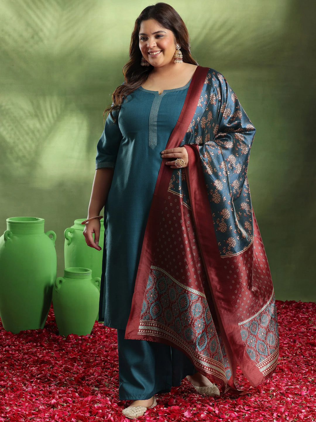  Plus Size Navy Blue Solid Cotton Blend Straight Suit With Dupatta 