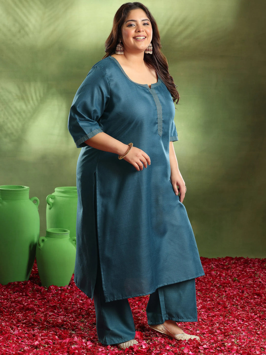  Plus Size Navy Blue Solid Cotton Blend Straight Suit With Dupatta 