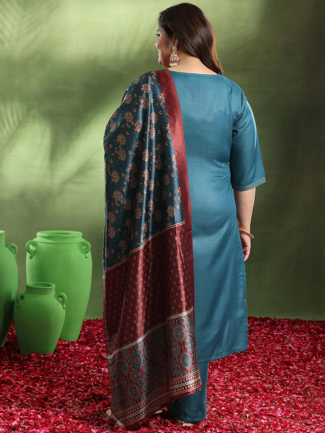  Plus Size Navy Blue Solid Cotton Blend Straight Suit With Dupatta 