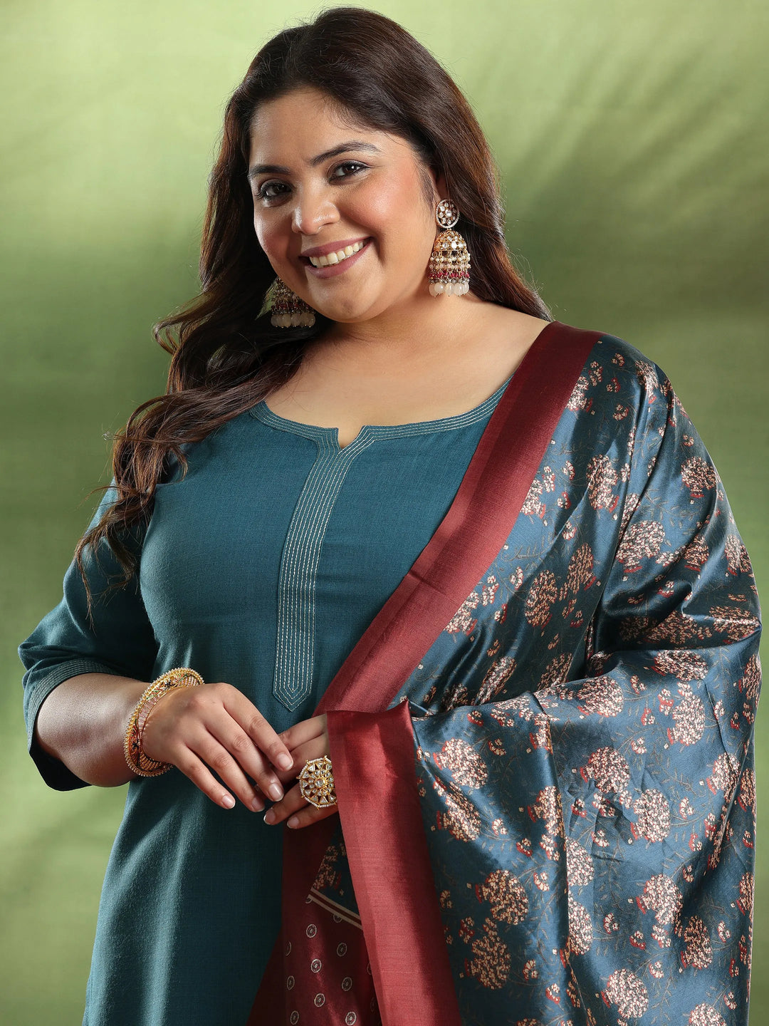  Plus Size Navy Blue Solid Cotton Blend Straight Suit With Dupatta 