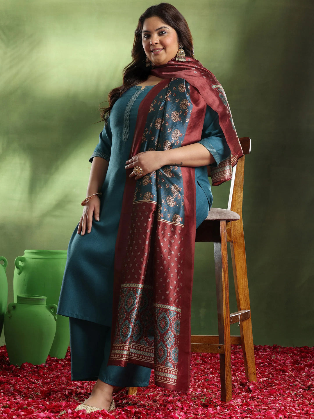  Plus Size Navy Blue Solid Cotton Blend Straight Suit With Dupatta 