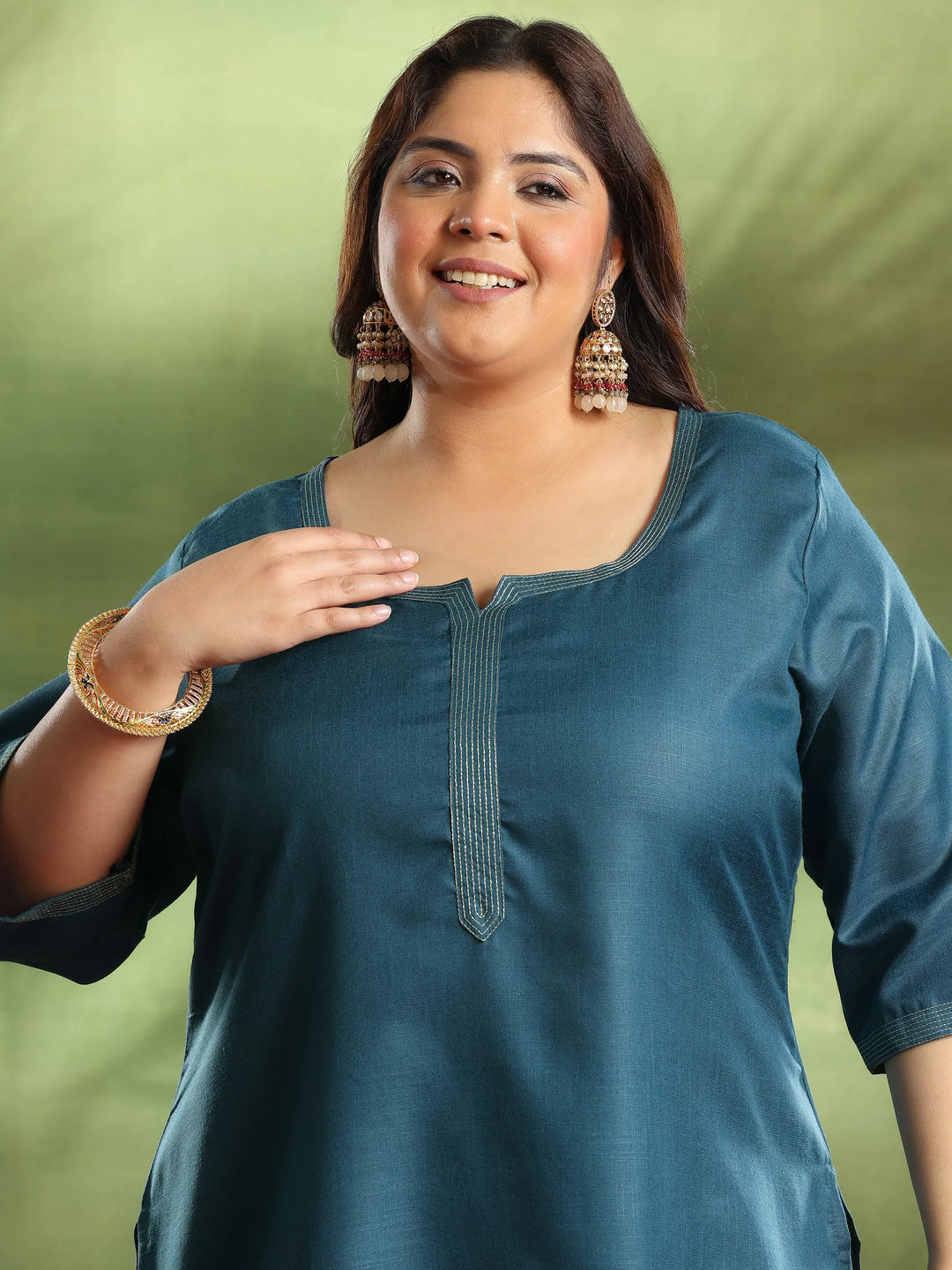  Plus Size Navy Blue Solid Cotton Blend Straight Suit With Dupatta 