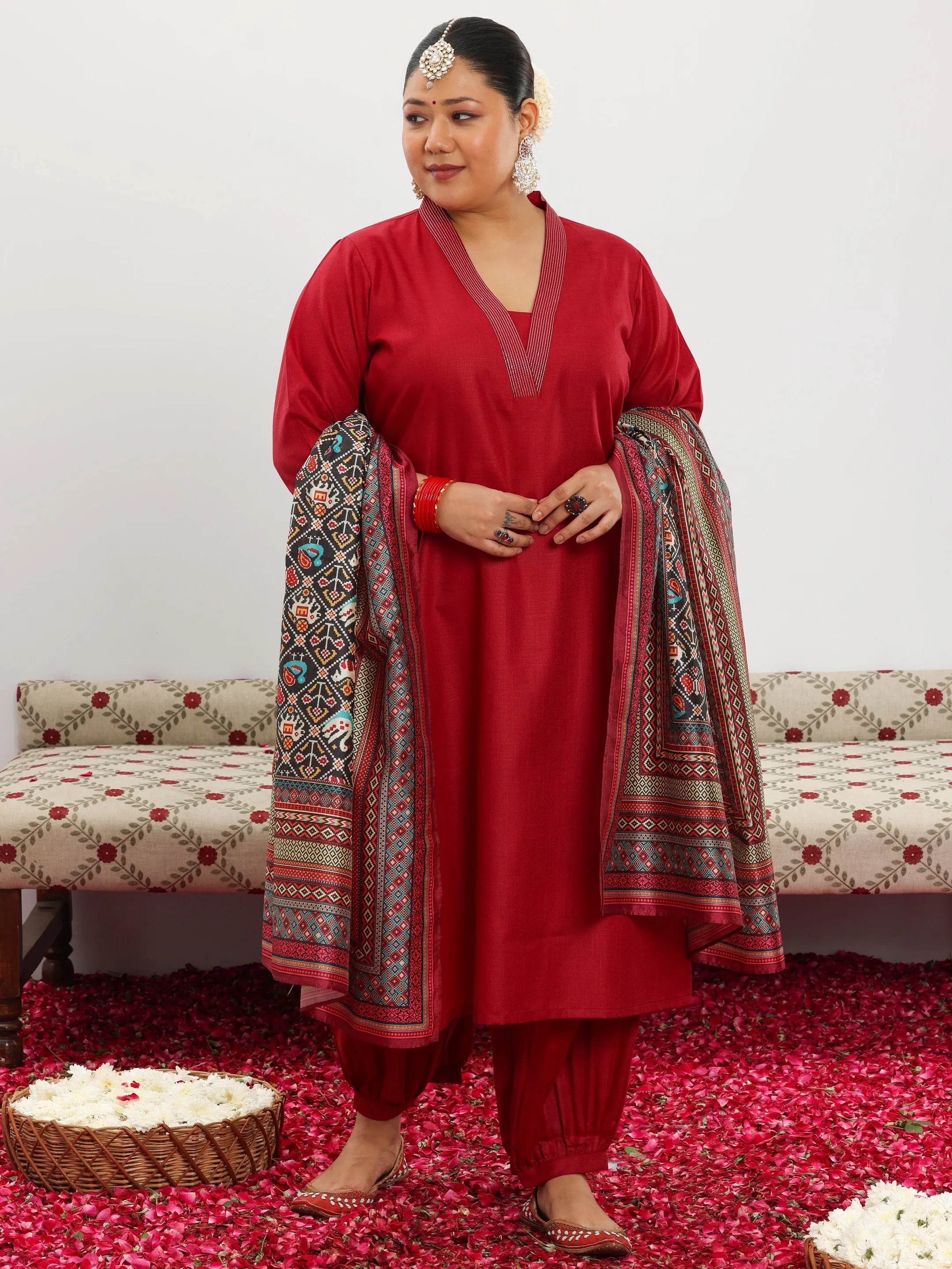 libas Plus Size Maroon Solid Cotton Blend Straight Suit With Dupatta-picture-64