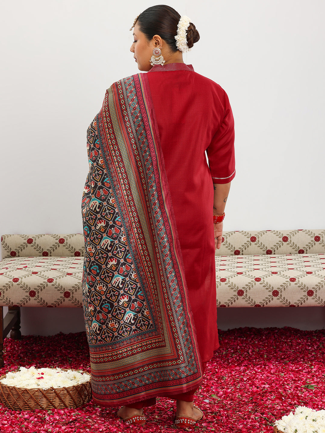  Plus Size Maroon Solid Cotton Blend Straight Suit With Dupatta 