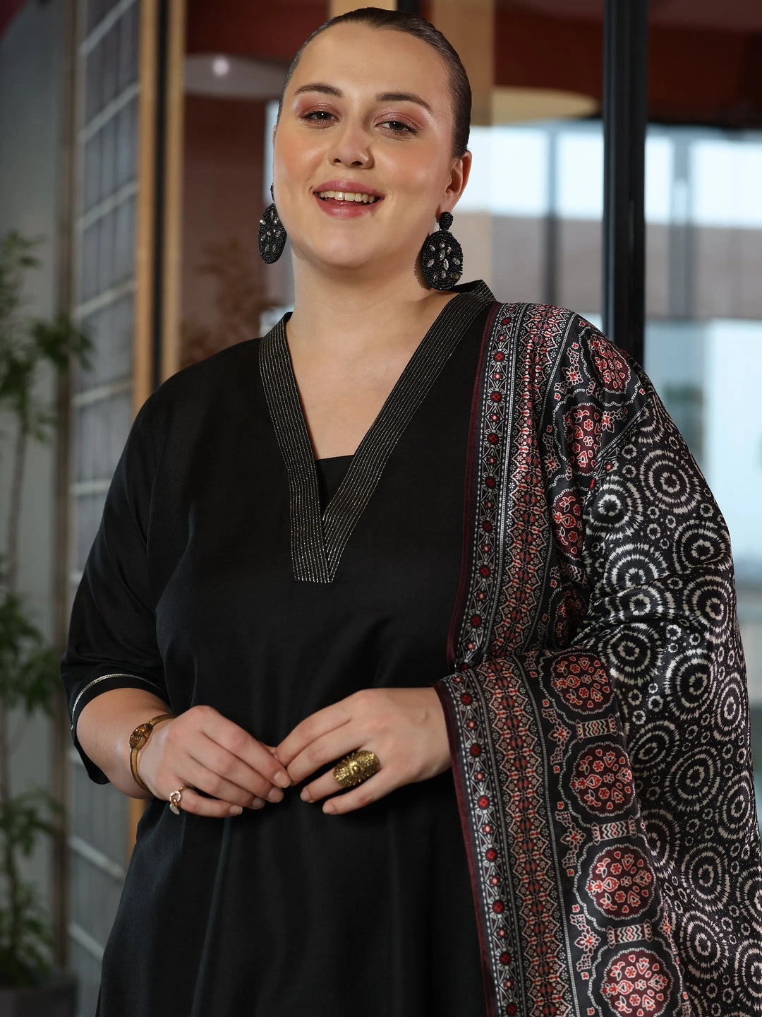  Plus Size Black Solid Cotton Blend Straight Suit With Dupatta 