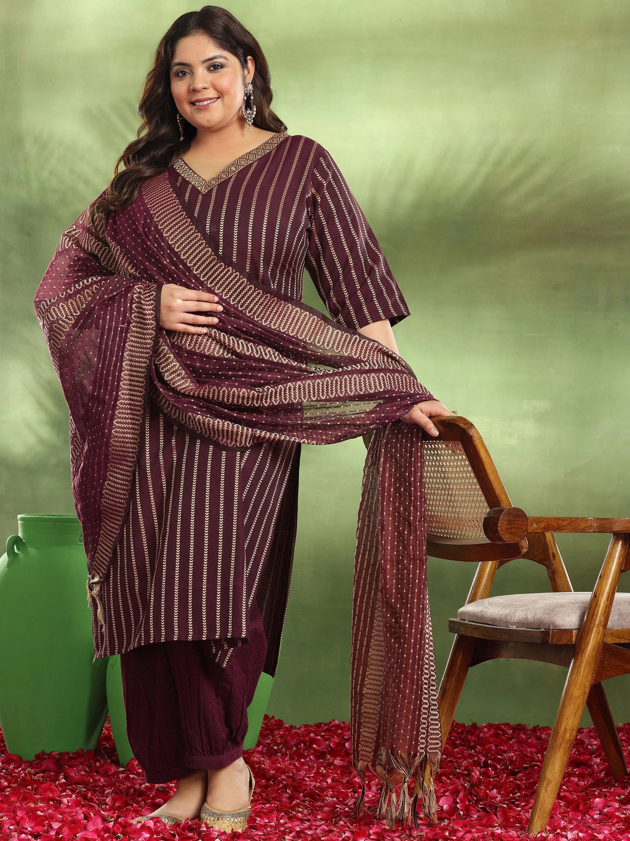 libas Plus Size Maroon Woven Design Cotton Blend Straight Suit With Dupatta-picture-64