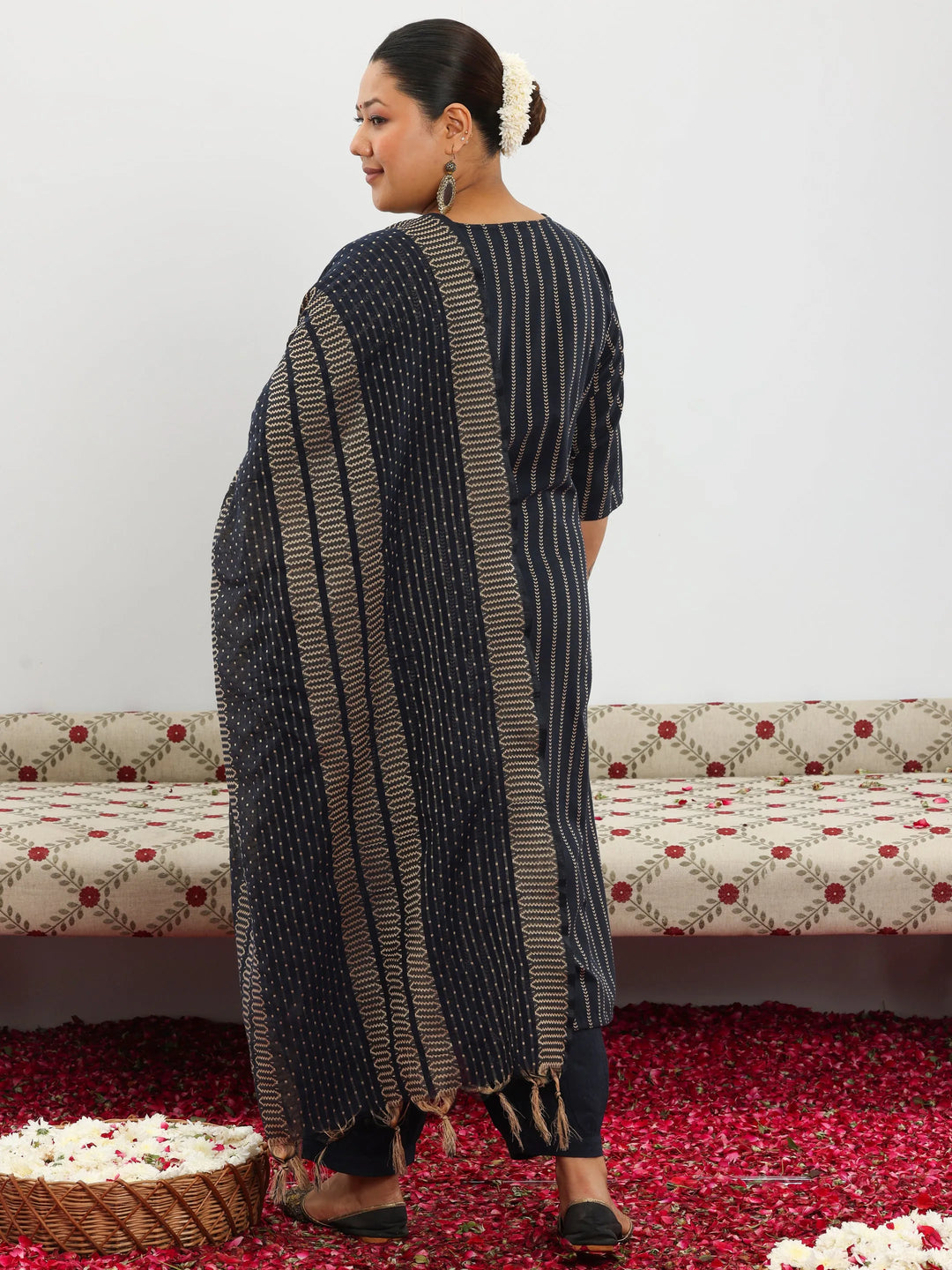  Plus Size Black Woven Design Cotton Blend Straight Suit With Dupatta 