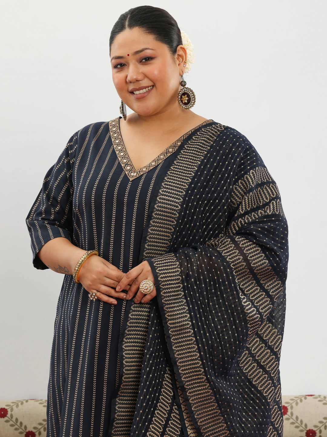  Plus Size Black Woven Design Cotton Blend Straight Suit With Dupatta 