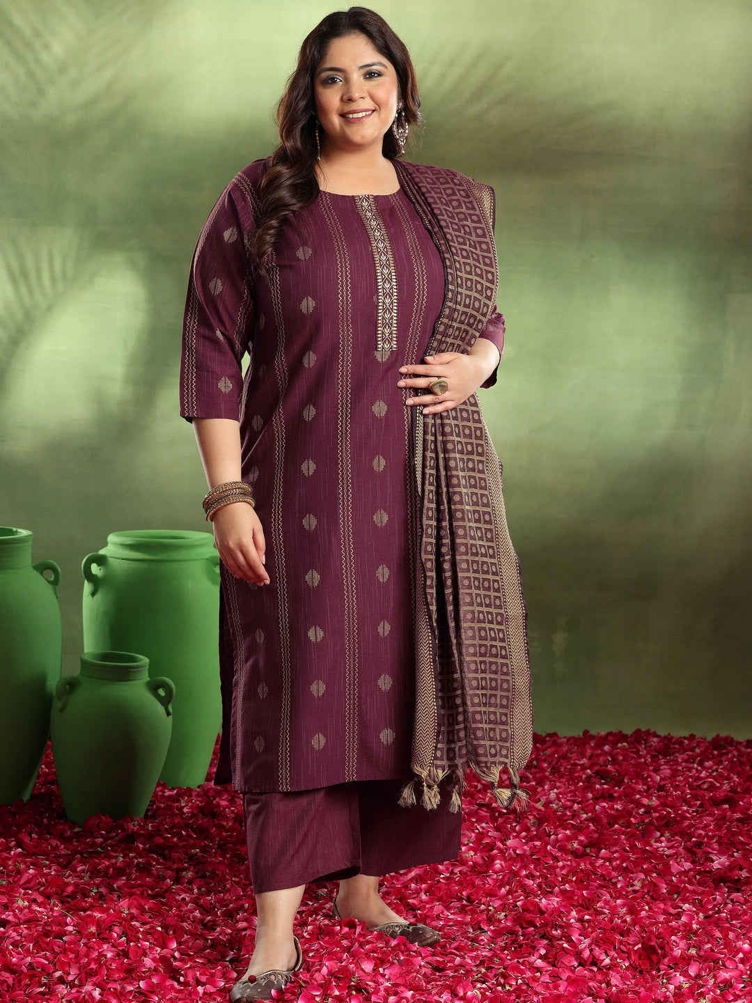  Plus Size Maroon Woven Design Cotton Blend Straight Suit With Dupatta 