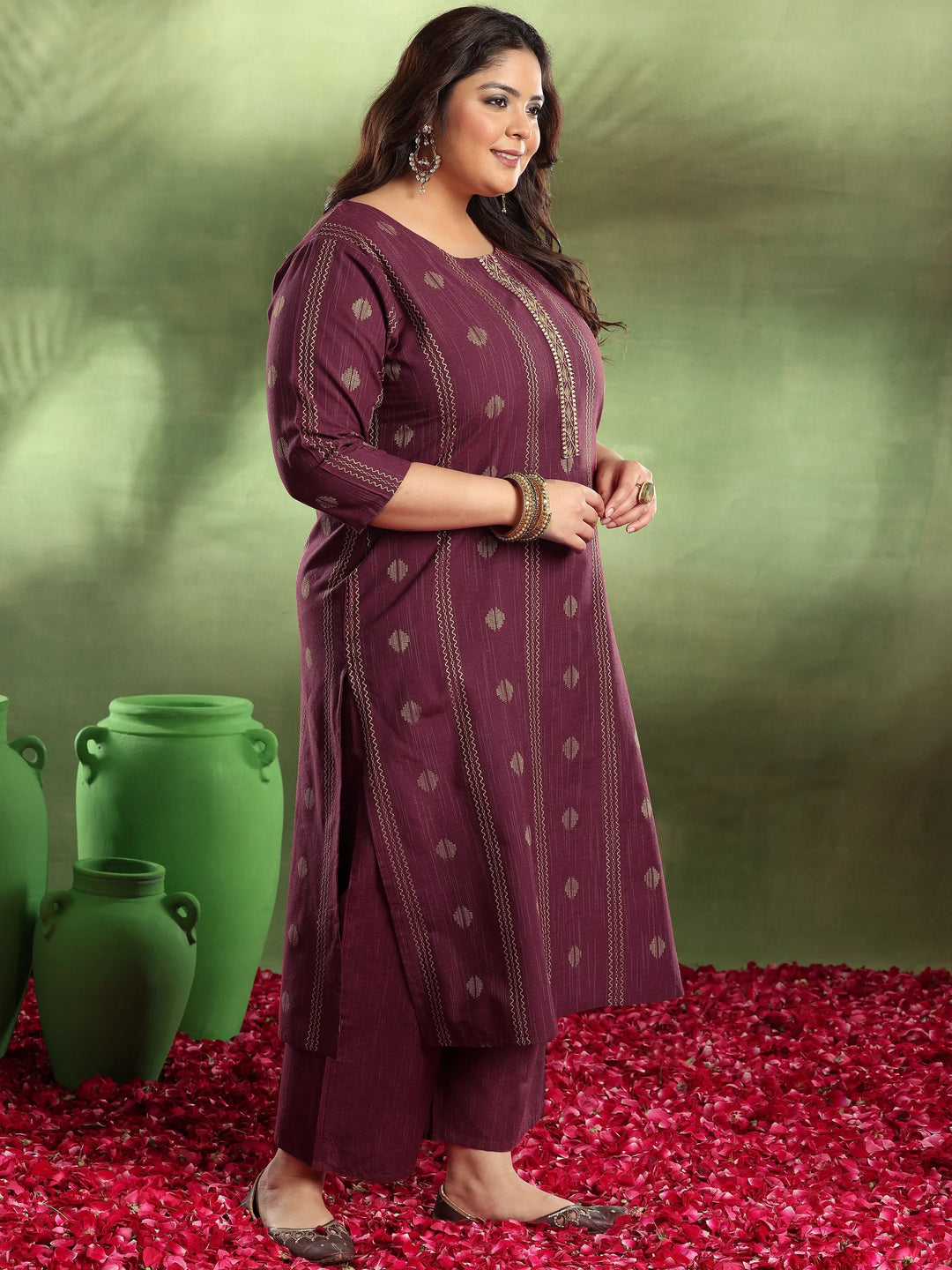  Plus Size Maroon Woven Design Cotton Blend Straight Suit With Dupatta 