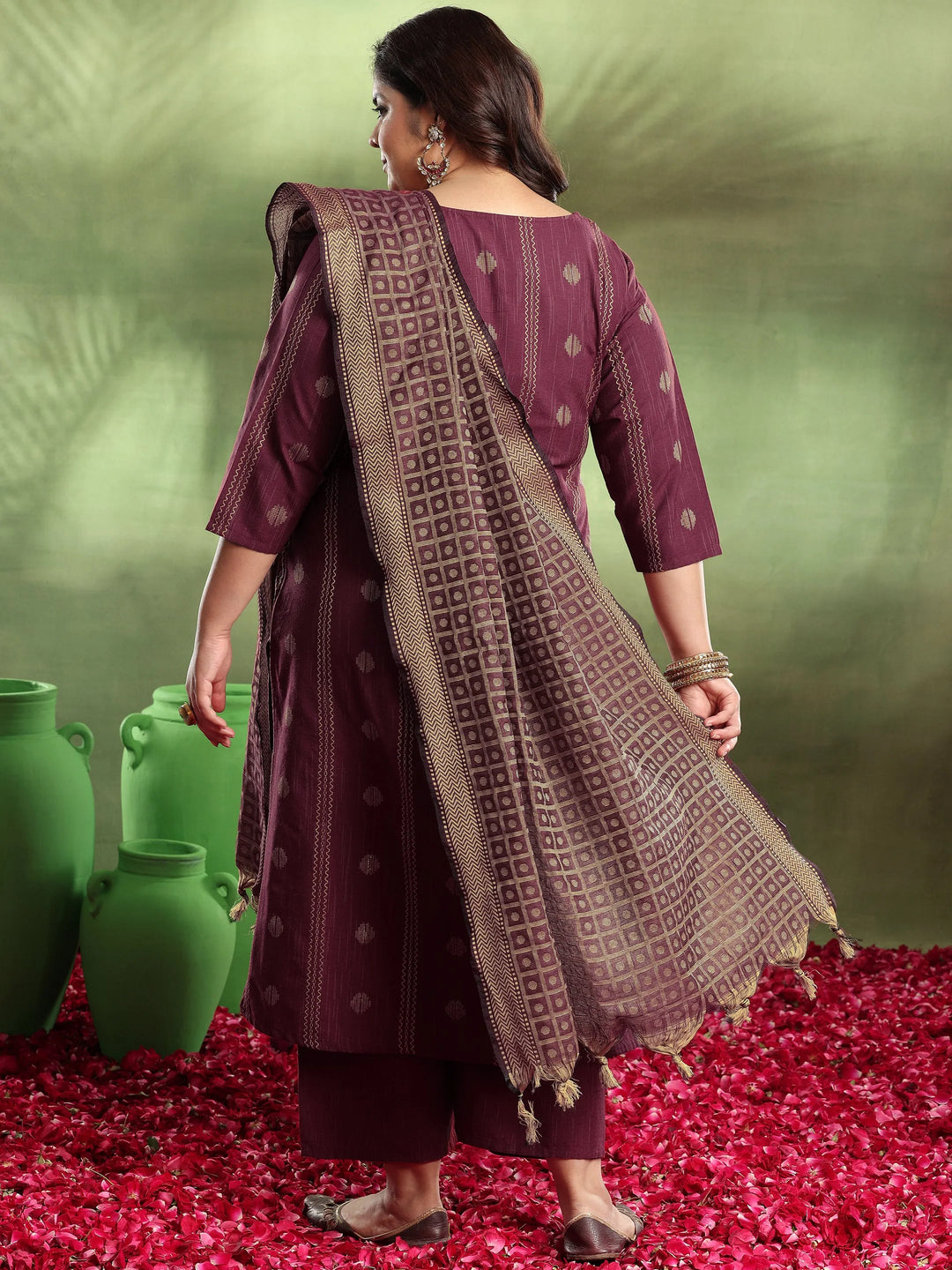  Plus Size Maroon Woven Design Cotton Blend Straight Suit With Dupatta 