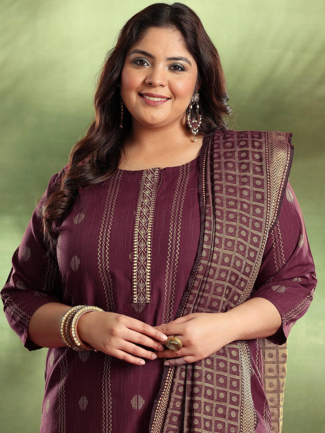  Plus Size Maroon Woven Design Cotton Blend Straight Suit With Dupatta 