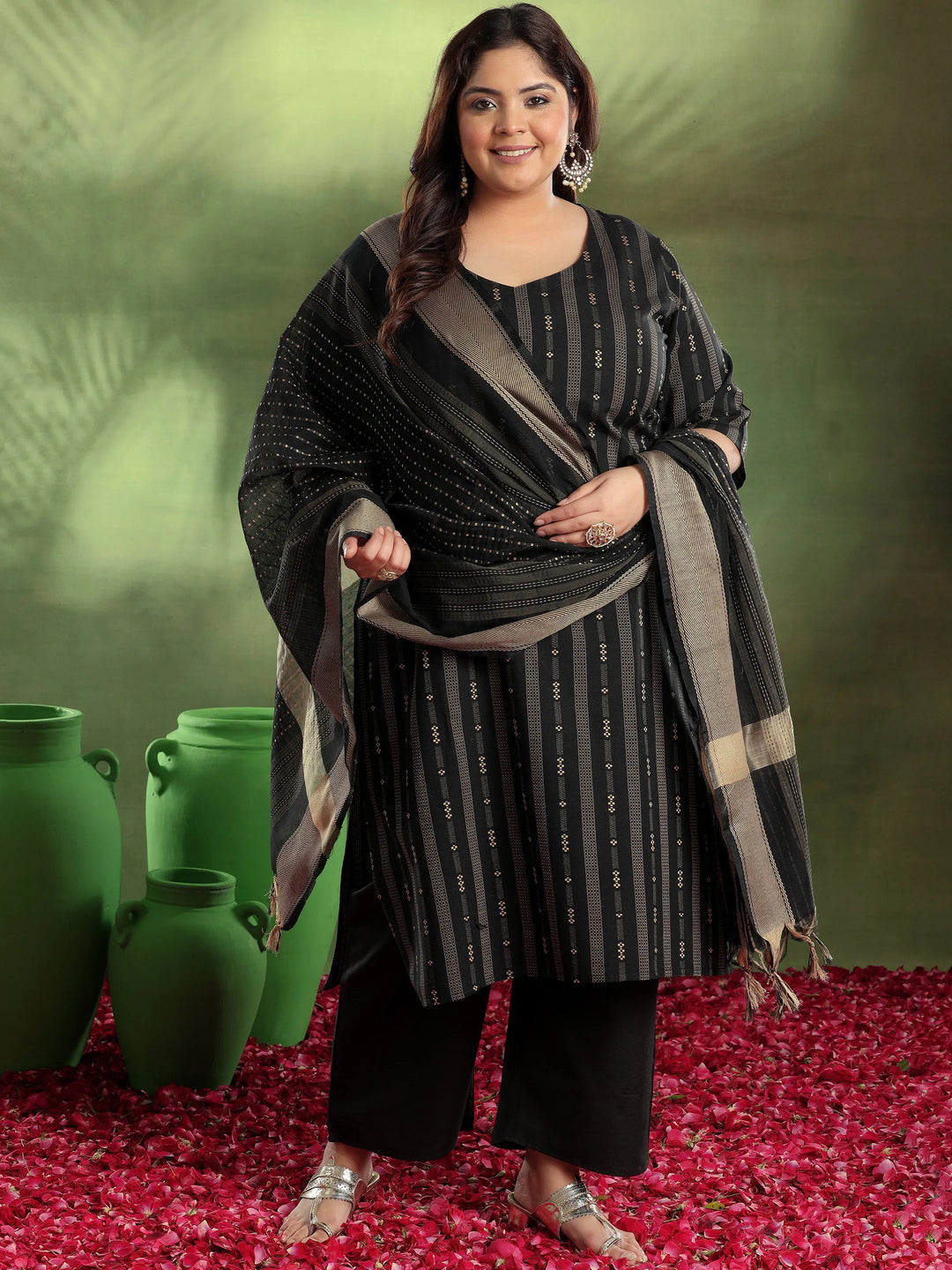  Plus Size Black Woven Design Cotton Blend Straight Suit With Dupatta 
