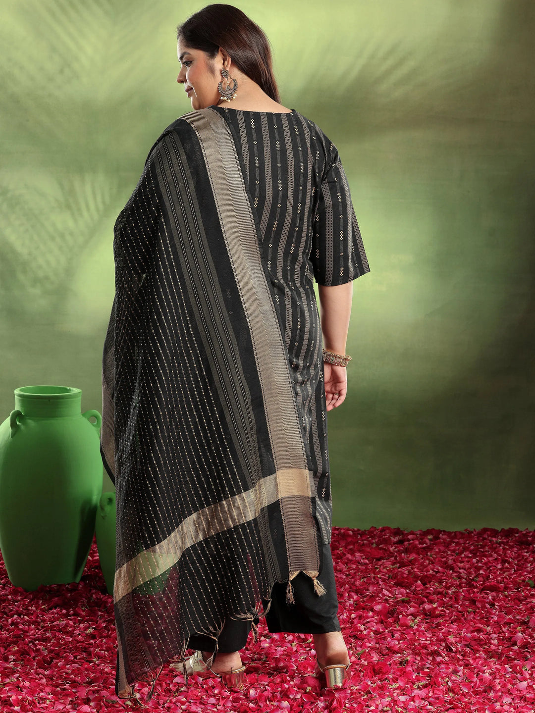  Plus Size Black Woven Design Cotton Blend Straight Suit With Dupatta 