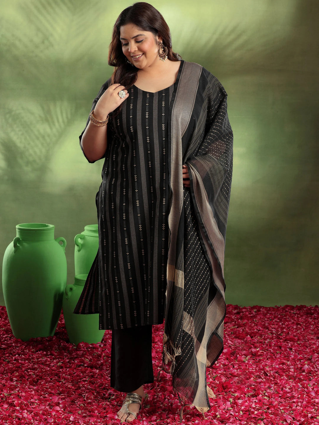  Plus Size Black Woven Design Cotton Blend Straight Suit With Dupatta 