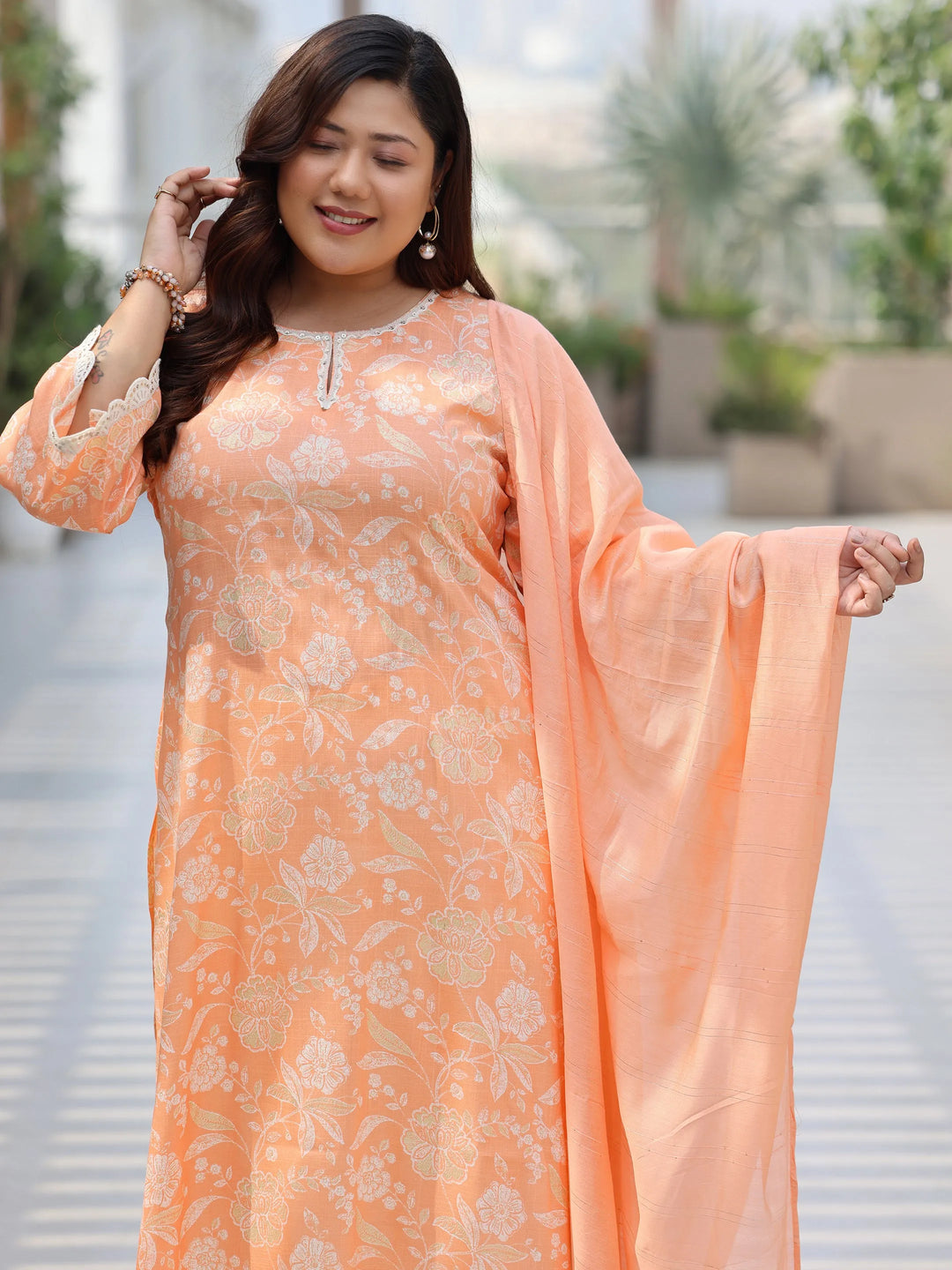  Plus Size Orange Printed Cotton Blend Straight Suit With Dupatta 