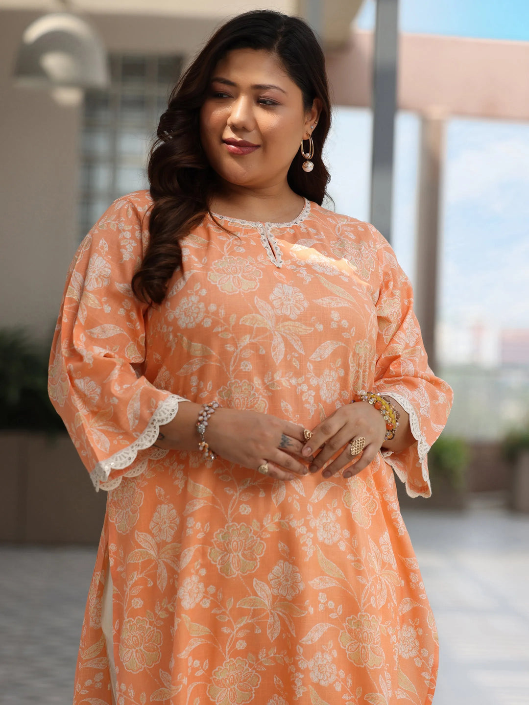  Plus Size Orange Printed Cotton Blend Straight Suit With Dupatta 