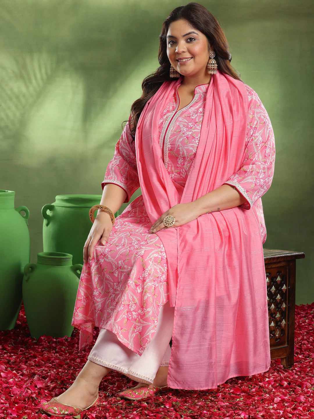  Plus Size Pink Printed Cotton Blend Straight Suit With Dupatta 